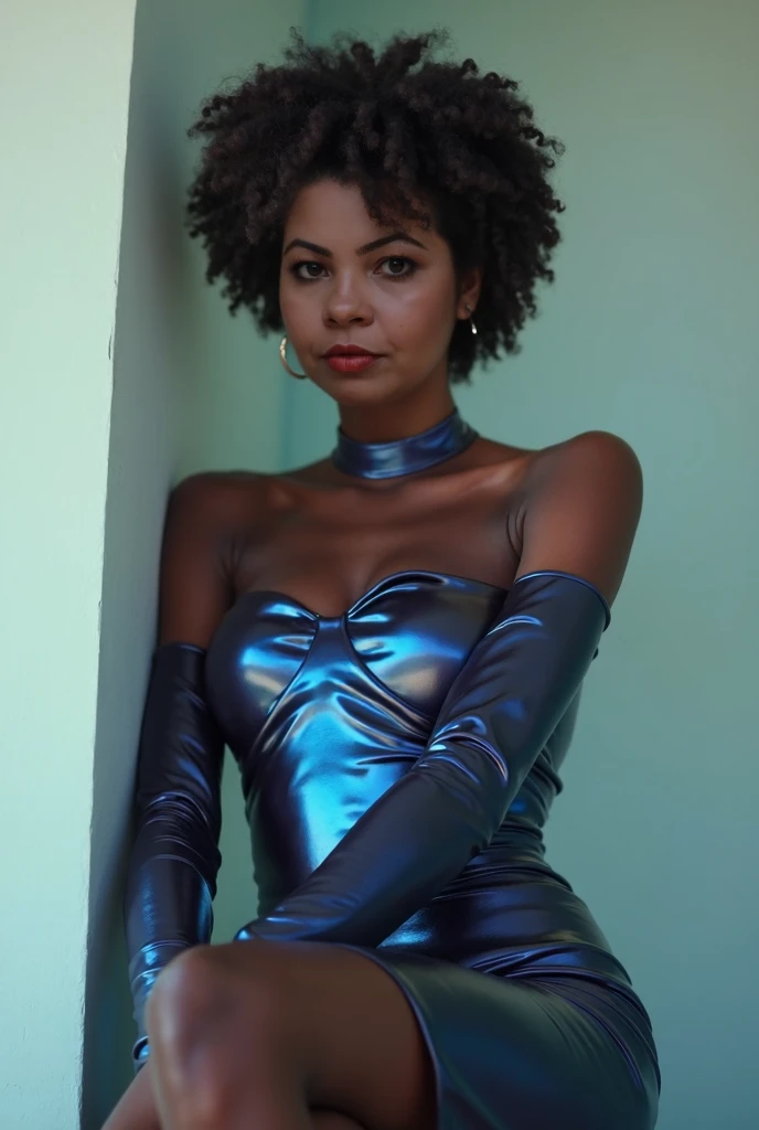 cute 70 year old caribbean babe, hands and arms behind her back, cute smile, blue latex dress, athletic body, realistic hands