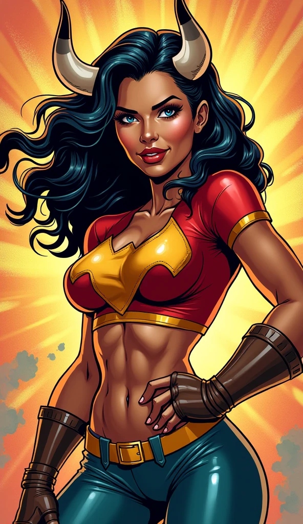 Isabella "Furia Brasileira" Santos is a stunning woman with long, black hair, expressive brown eyes, and radiant brown skin. She wears a vibrant and unique outfit, with a tight red blouse with green and yellow accents, short black shorts, red combat boots, black combat gloves with gold accents, and a yellow and green sash tied in her hair.