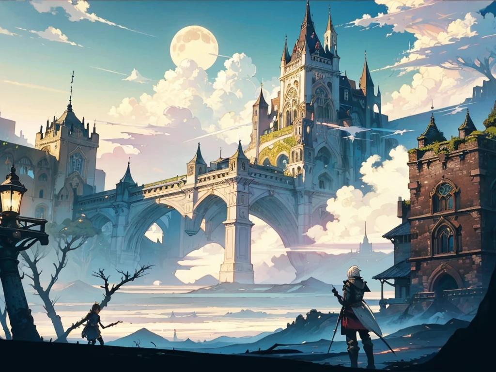 (((フラットart))),( best quality:1.2, absurd,Realistic, detailed),Landscape only,Castle in the sky with the full moon in the background,Landscape only, detailed背景,Landscape only,Front View,Landscape only、Bravely Default: Flying Fairy, Bravely Default \(series\), Nier,  Final Fantasy , ソードart、CD　 jacket　art、 (((フラットart))),( best quality:1.2, absurd,Realistic), detailed背景,,Bravely Default: Flying Fairy, Bravely Default \(series\), Nier,  Final Fantasy , CD　 jacket　art、Priest、 ,Skinny and small chested, ,(Best Quality)),(  ultra high resolution ),( ultra-detailed),( detailed depiction ),(( best anime)),( Best Artwork ),Sharpness,,超精密なart, A very beautiful ancient castle towering over huge clouds in the center of the image,  there is a huge city with blue sky and white clouds in the background, Best Quality,  beautiful image , 極端な詳細, masterpiece, , (middle ages):1.1, (storm):1.4, (thunder):1.3, (rain):1.2, 