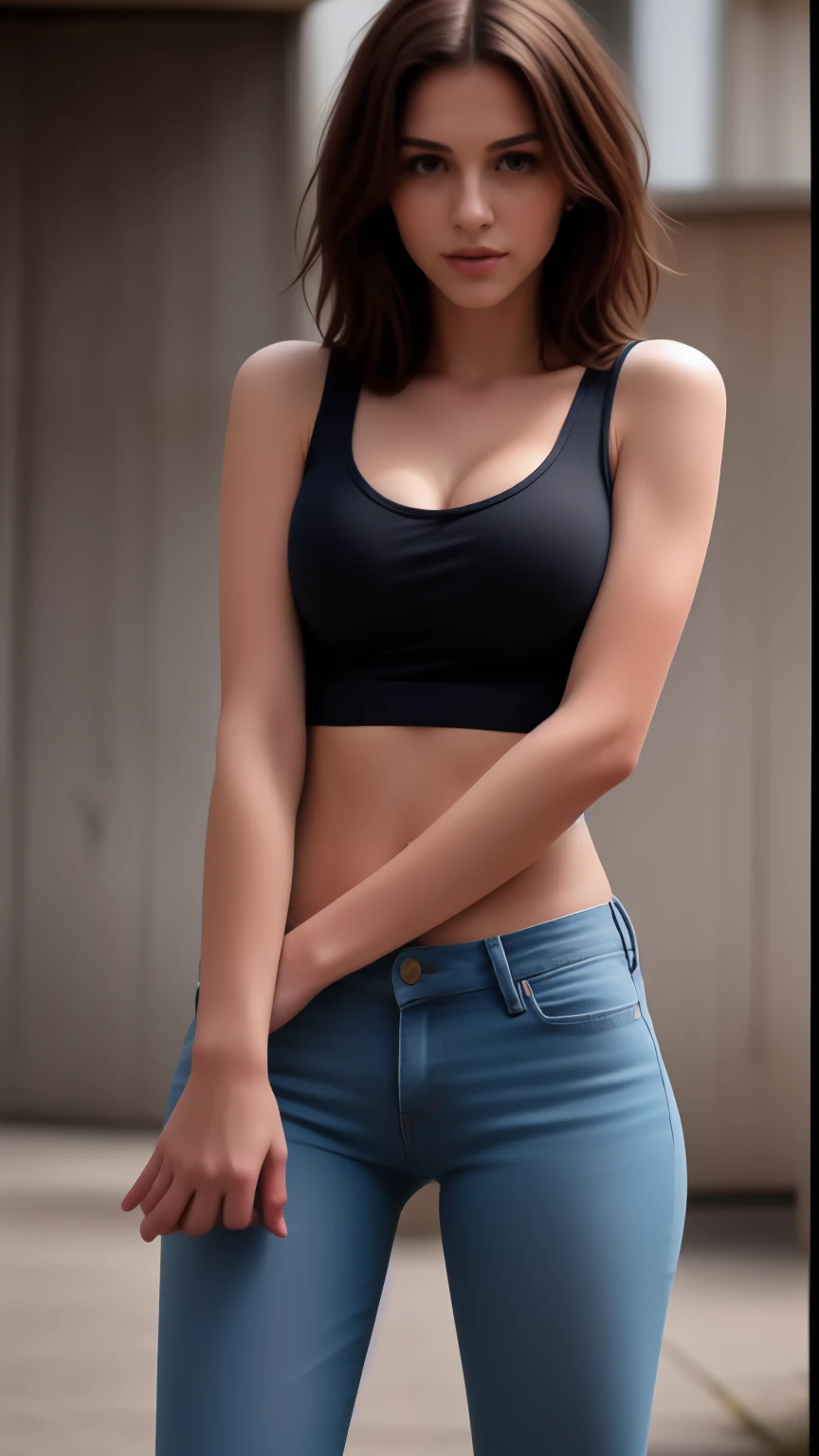 (full body), open legs, Dakota johnson face, long_hair, gorgeous, city girl, (thin and slender). neckline, western, (unbuttoned black blouse:1.2), (short_shorts). Hips and groin showing. slim legs. (Cameltoe:1.1). hot girl, posing seductively leaning on a wall in an ancient city street, (masterpiece), Best quality, high resolution, extremely detailed, blurred background, depth of field, cinematic lighting,