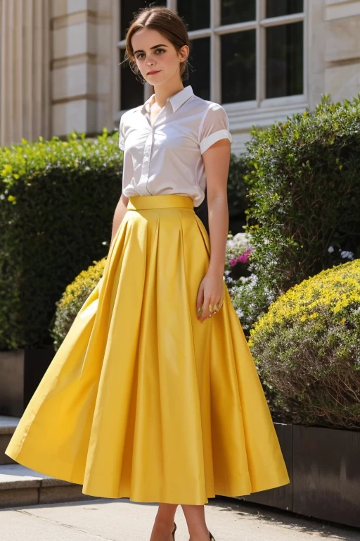European and American women, A fashion model, Wearing a yellow puffy skirt, Glamour, paparazzi taking pictures of her, Blonde hair, Brown eyes, 8K, High quality, Masterpiece, Best quality, HD, Extremely detailed, voluminetric lighting, Photorealistic