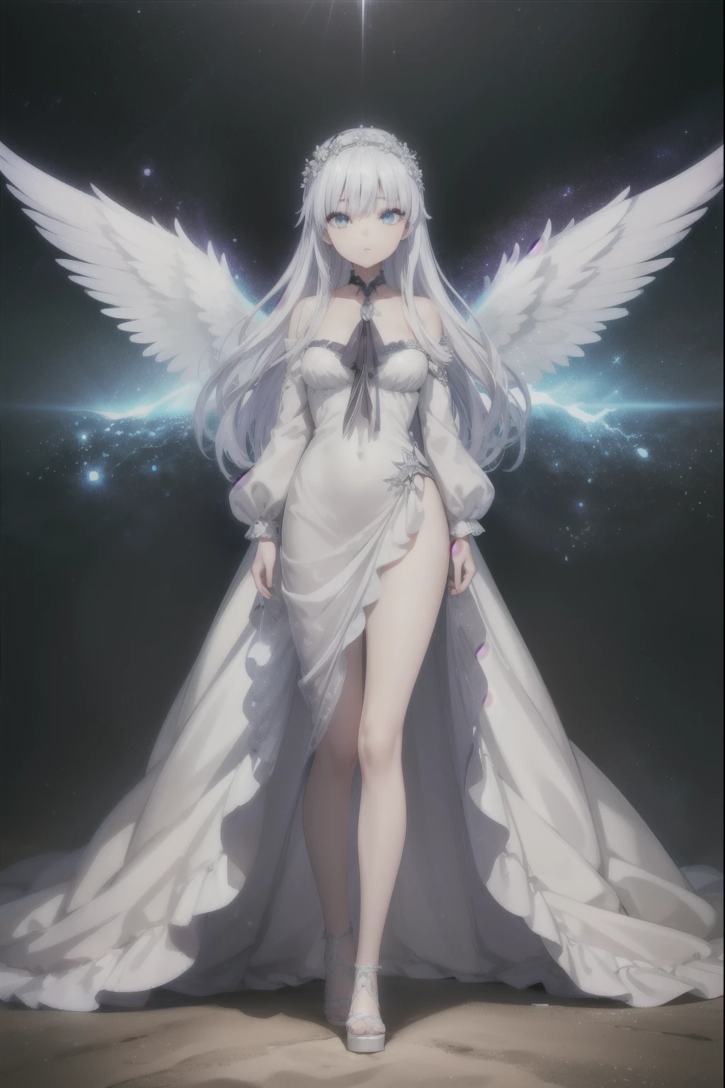  A beautiful young girl with white hair and angelic wings ,  highly detailed anime style illustration , 1girl, Detailed facial features, long eyelashes, Flower Crown , elegant pose, cinematic lighting, vibrant colors, Digital Painting, masterpiece, photorealistic, 8K,  best quality  (masterpiece、 top quality、8K、 High resolution)、a female、( beautiful face、 beautiful face)、  beautiful eyes of god  、 beautiful lips、 Beautiful nose、 platinum blonde hair 、(The best anime girl)、Sandy beach with forest view 、 A bright night with visible stars .、体 full bodyから神秘的な光の粒子、Mysterious light around the head、jewelry、collar、dress、( full body)、 Highly detailed anime art 、A complete representation、