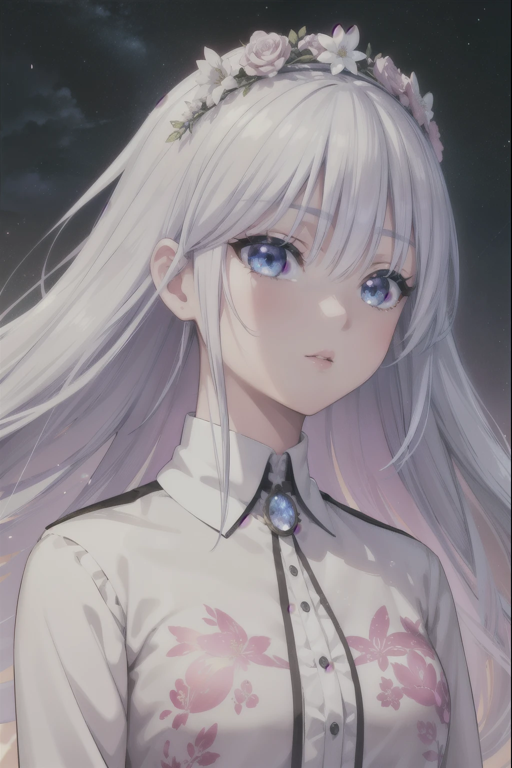  A beautiful young girl with white hair and angelic wings ,  highly detailed anime style illustration , 1girl, Detailed facial features, long eyelashes, Flower Crown , elegant pose, cinematic lighting, vibrant colors, Digital Painting, masterpiece, photorealistic, 8K,  best quality  (masterpiece、 top quality、8K、 High resolution)、a female、( beautiful face、 beautiful face)、  beautiful eyes of god  、 beautiful lips、 Beautiful nose、 platinum blonde hair 、(The best anime girl)、Sandy beach with forest view 、 A bright night with visible stars .、体 full bodyから神秘的な光の粒子、Mysterious light around the head、jewelry、collar、dress、( full body)、 Highly detailed anime art 、A complete representation、