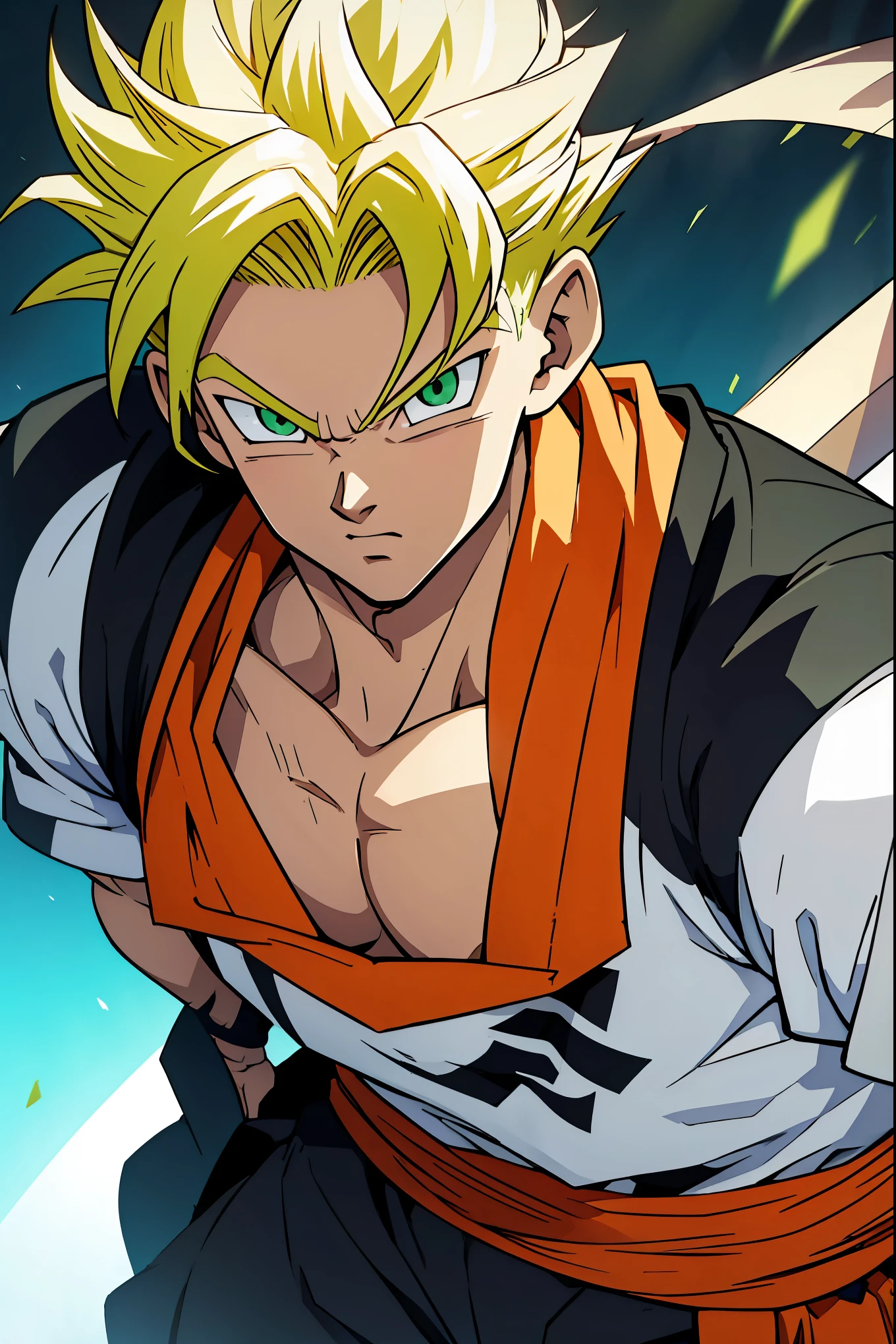 ((arte estilo anime)), Looking at the Viewer, He is a , very white skin, He has slightly disheveled ginger hair ,  light green eyes, , muscular body , anime art style Dragon Ball , sexy face, He is dressed in the anime male clothes ,  , 8k, high quality, masterpiece, in a square , cinematic, vivid colors, shining green eyes 