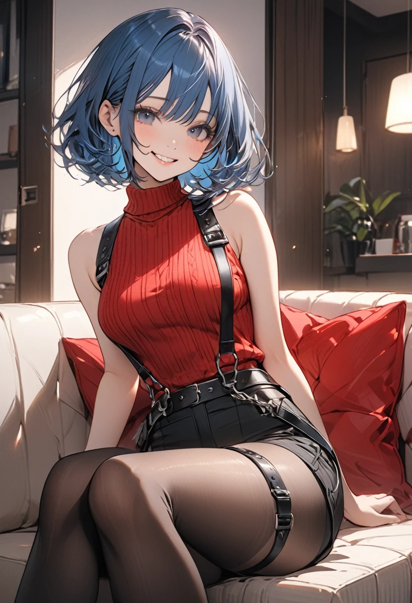 masterpiece, top quality, high resolution, masterpiece, adult woman, one, pleated mini skirt, light blue miniskirt, short hair, black boots, evil smile, black hair, evil smile, evil plan, blue eyes, love hotel room