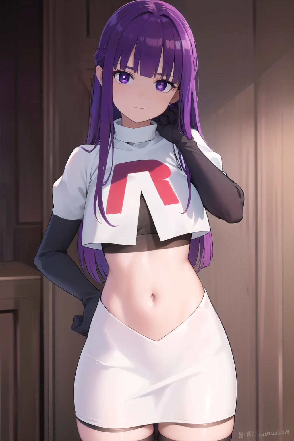 fern, fern, long hair, bangs, (purple eyes:1.1), purple hair, sidelocks, blunt bangs, (bright pupils:1.5),
BREAK team rocket,team rocket uniform,white skirt,red letter R,crop top,black thigh-highs,black elbow gloves,
BREAK looking at viewer, cowboy shot,
BREAK (masterpiece:1.2), best quality, high resolution, unity 8k wallpaper, (illustration:0.8), (beautiful detailed eyes:1.6), extremely detailed face, perfect lighting, extremely detailed CG, (perfect hands, perfect anatomy),