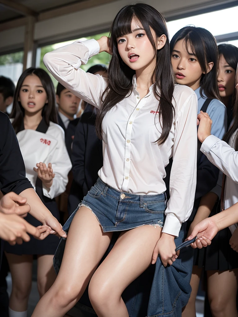 (best quality, 16k, ultra detailed, Photorealistic, beautiful skin, professional lighting, detailed face), Japanese pretty girl, (big breasts), (school girl, school uniform, sleeveless), (having sex:1.3), (anal sex:1.3), (spread legs), (smile, beautiful armpits), school, outdoor, (crowd:1.3), sitting on boy,