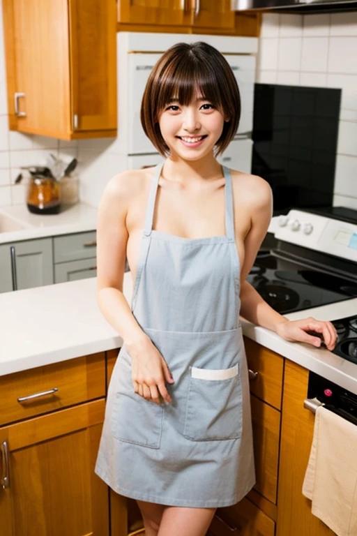 product quality, 1girl, cowboy shot, front view, a Japanese young pretty girl, bob hair, waiting a satin frilled apron over a tank top with a big smile, standing in a kitchen, glamorous figure, busty, wearing a skirt, hyper cute face, glossy lips, double eyelids in both eyes, natural makeup, long eyelashes, shiny smooth light brown hair of bob hair, asymmetrical bangs, tanned skin, central image, high resolution, high detail, detailed hairstyle, detailed face, cinematic lighting, octane rendering, vibrant, hyper realistic, perfect limbs, perfect anatomy