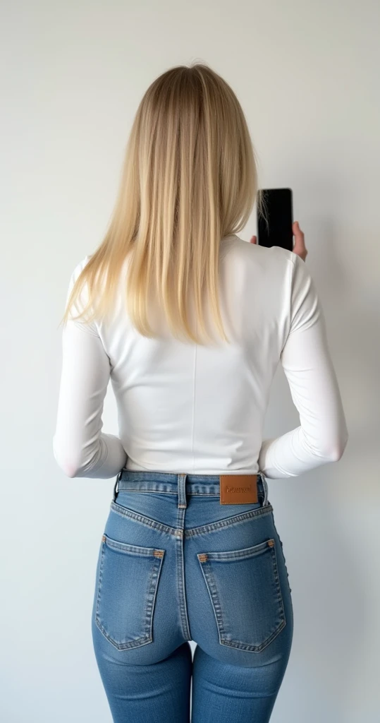 Une femme blonde de 23 ans, ((gros seins)), ((hyperréalisme)) ,. cheveux blonds avec des racines châtain clair. cheveux blond, Cheveux aux racines brunes, cheveux très longs, cheveux très longs, cheveux très longs, cheveux en queue de cheval, Beau, vue de face, selfie, photo prise avec iPhone, tee shirt moulant blanc, short court en jean, selfie assissur la plage, haute qualité, selfie iPhone, clivage