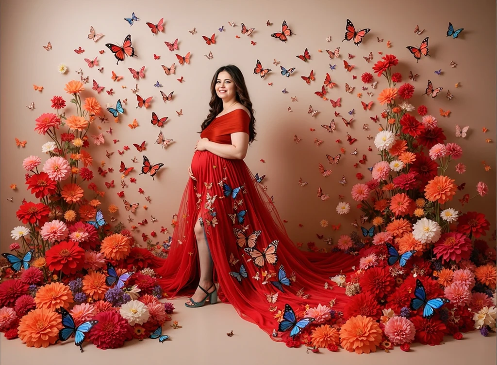 pregnant woman in red gown surrounded by flowers and butterflies, a colourised photo by Elena Guro, trending on cg society, conceptual art, blue and pink colors, blue and pink color scheme, blue and pink, maternal photography 4 k, pastel blues and pinks, pink and red colors, pink and blue colour, red and pink colour splash, pink and blue