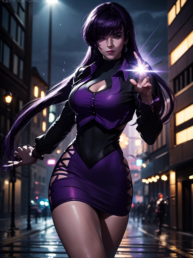 Full body, beautiful purple eyes, blush, cute face, (1 cute woman, solo: 1.1), lips, gigantic breasts, beautiful background, long purple hair, purple dress, purple elbow gloves, purple high heel boots, naked shoulders