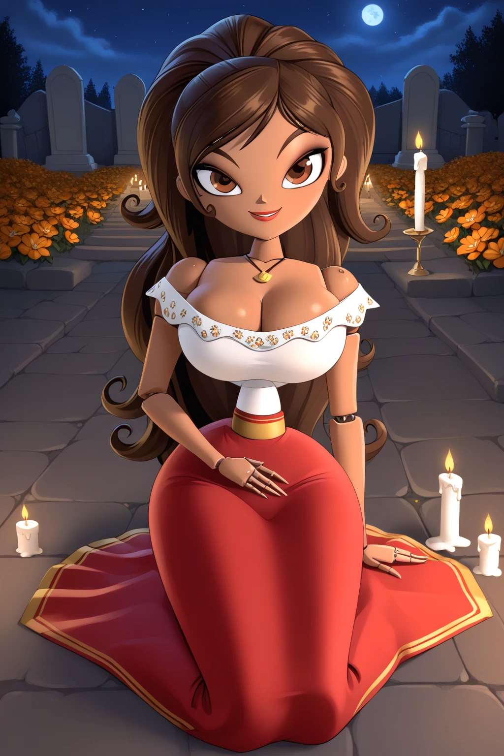 1girl, long hair, ponytail, joints, dark skin, Brown Hair, cemetery, lit candles, Orange flowers on floor, night, smile, big breasts, dark skin, solo, 1 girl, looking at viwer, front view, sitting on knees, wood skin, necklace, cleavage, bare shoulders, off shoulder, white blouse, red skirt, Long skirt, Brown skin, pov front view, front view,