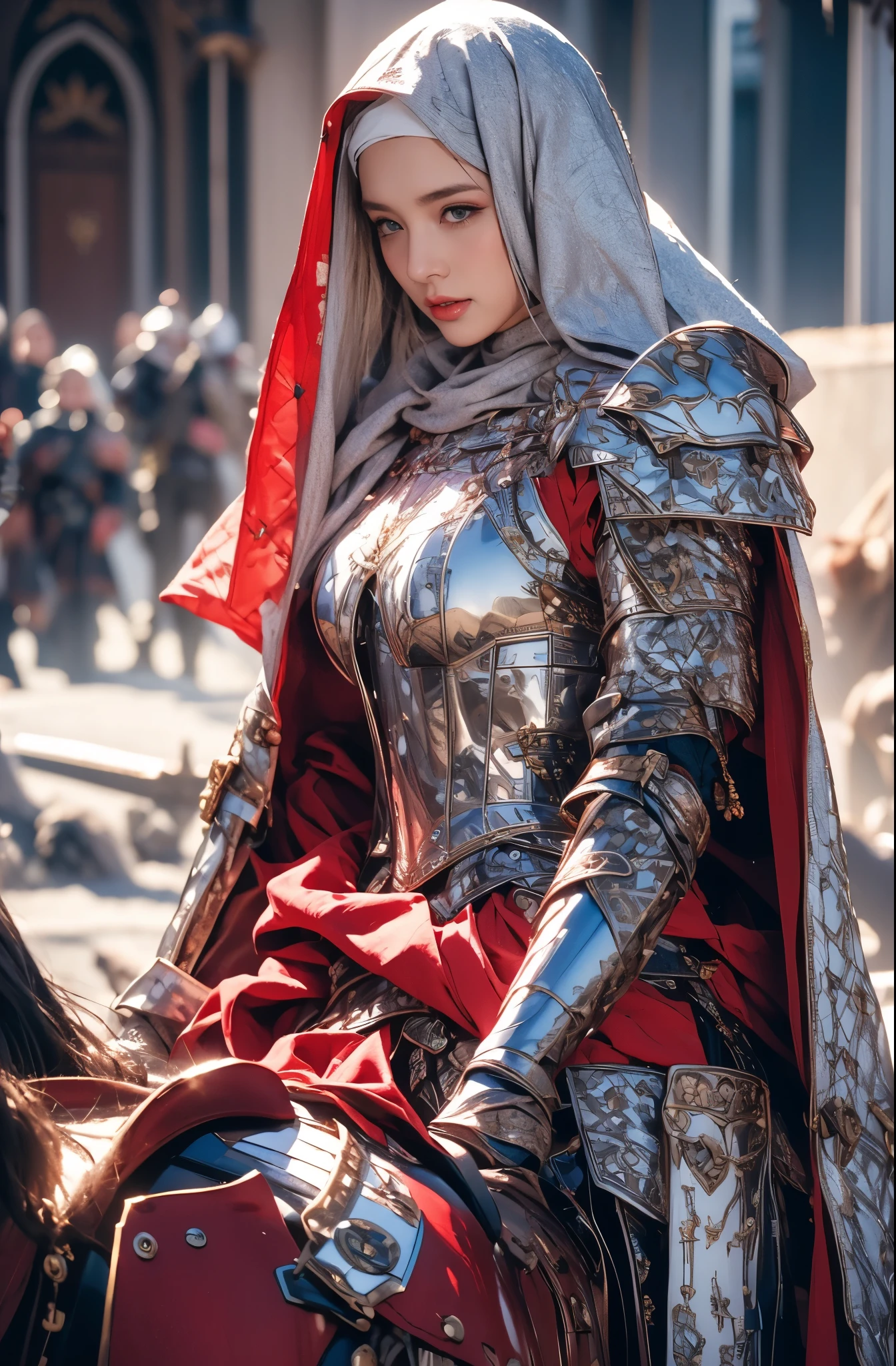 Elegant armor,princess, Full body, wearing a hijab , crown luxury , blue eye, blond hair, around , (red silver hijab), tmasterpiece，Best quality at best，A high resolution，8K，((Portrait))，(upper body)，Original photo，real photograph，digital photography, elegant princess ，blue eye， super colossal brest, pointy colossal breast extravagant ornament，cparted lips，Keep your mouth shuegant and charming，((Blushing))，virgin content，Calm and handsome，luxury body armor ((red and silver armor)) , (Medieval fantasy armor, The Beautiful pointy breast, small waist, perfect colossal breast of princess body )oc render reflection texture, elegant style, colossal breast , medieval castle background, slim body, very small waist, (luxury armor pattern) , super slim ,beautiful like angel 
