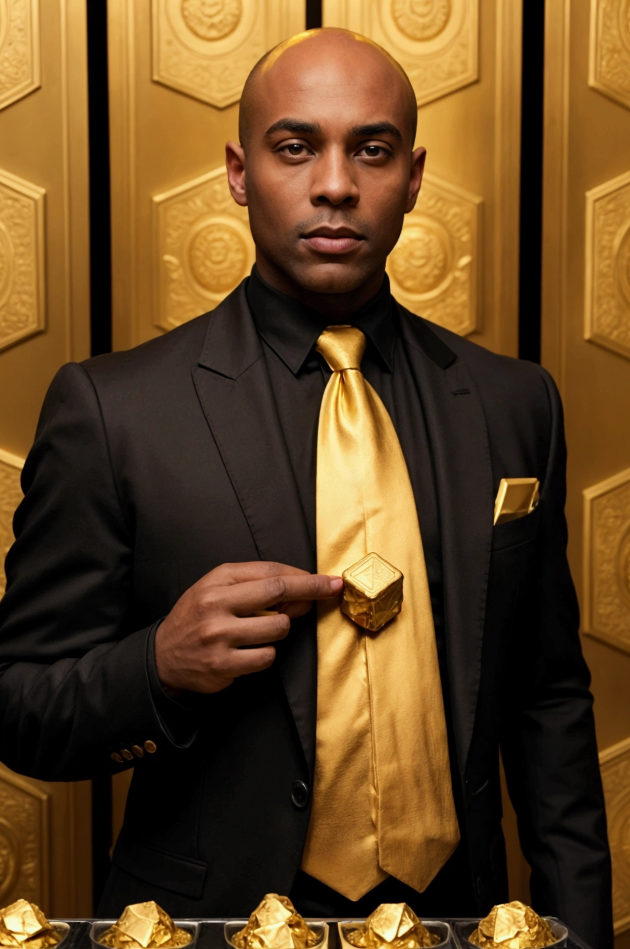 Bald black man wearing gold suit and tie holding gold bars 