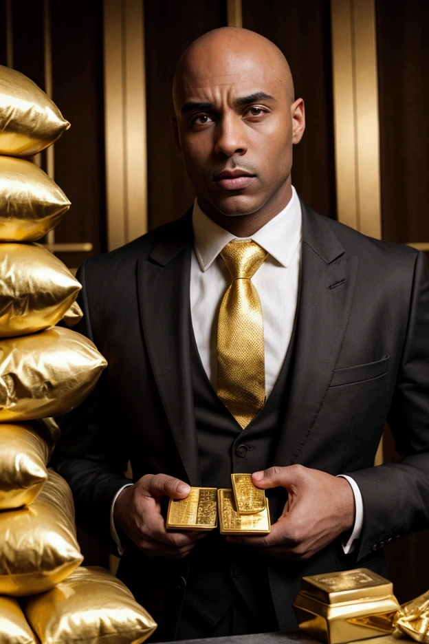 Bald black man wearing gold suit and tie holding gold bars 