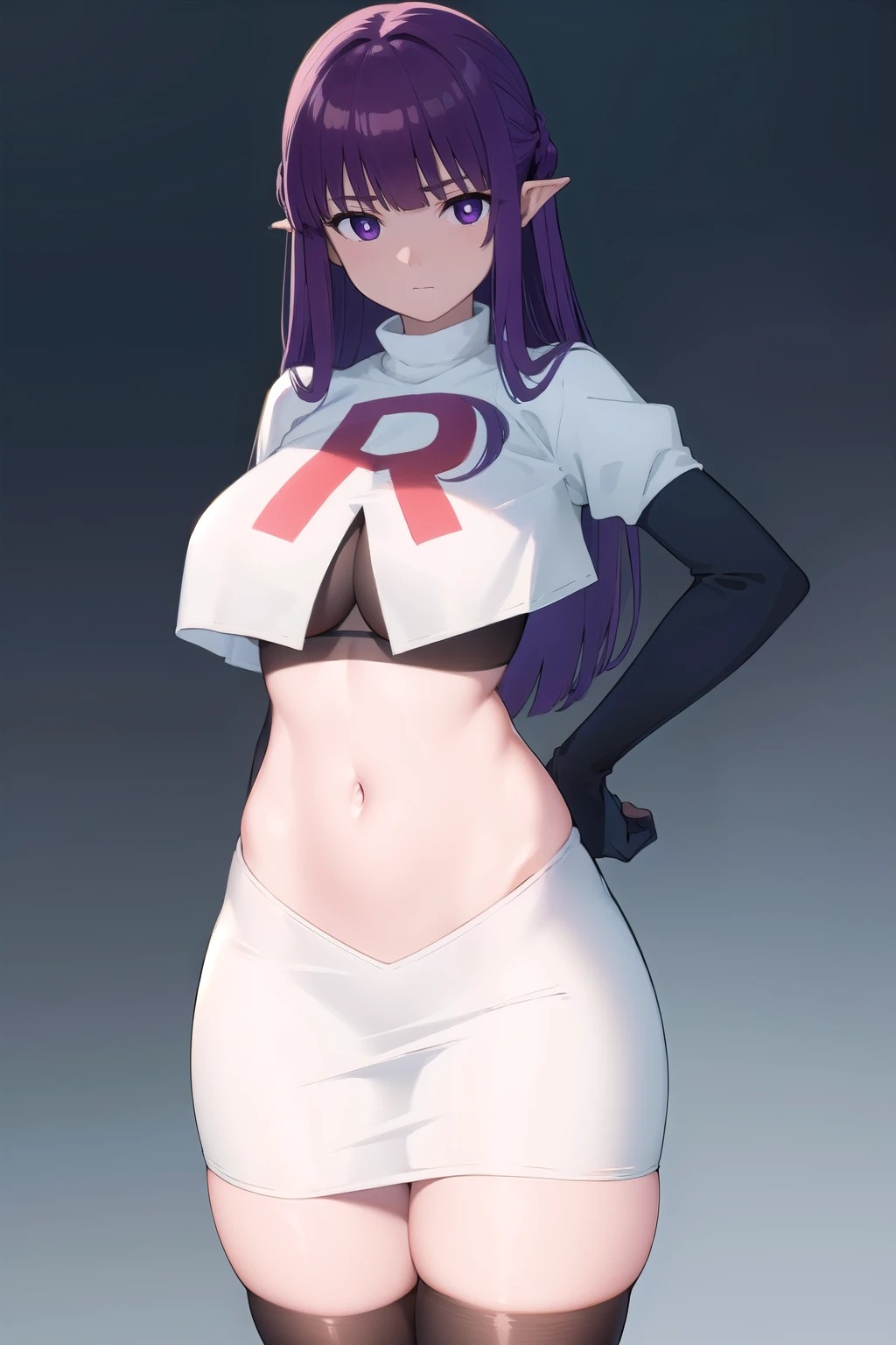 fern, fern, large breasts, long hair, bangs, (purple eyes:1.1), purple hair, sidelocks, blunt bangs, (bright pupils:1.5),
BREAK team rocket,team rocket uniform,white skirt,red letter R,crop top,black thigh-highs,black elbow gloves,
BREAK looking at viewer, cowboy shot,
BREAK (masterpiece:1.2), best quality, high resolution, unity 8k wallpaper, (illustration:0.8), (beautiful detailed eyes:1.6), extremely detailed face, perfect lighting, extremely detailed CG, (perfect hands, perfect anatomy),