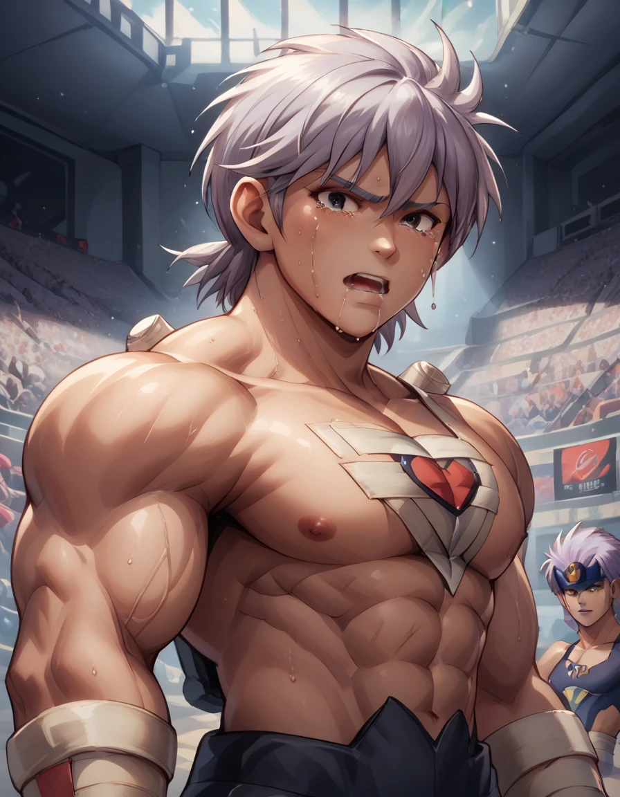 Hyunckel,bandage, Silver Hair, huge muscles,18-year-old boy,((Huge penis)),((羽交い締めにされる, tentacles that are clawed fly into the chest)), Open your arms wide and clench your fists, Open Big Mouth, large number of protruding blood vessels ,((Gives off an evil aura)), painful expression,megaman suit,,Lots of sweat, tears, and drooling, in the middle of the Colosseum , tight muscles, rape,Demon Body,The devil takes over,score_9,score_8_up,score_7_up,source_anime,HD,Hyunckel,lavender hair, black eyes, looking at viewer, light rays, upper body,posing, bandages, bandages covered body,nsfw,Orgy