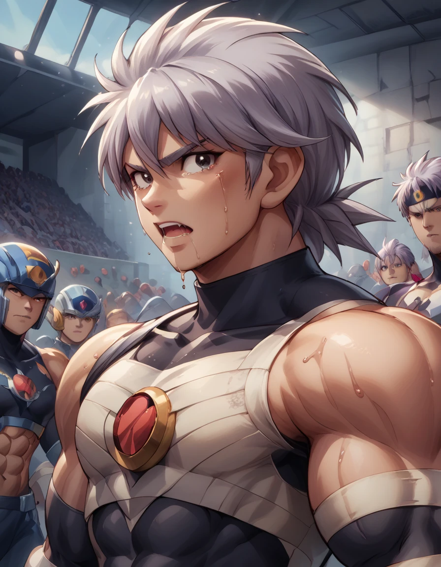 Hyunckel,bandage, Silver Hair, huge muscles,18-year-old boy,((Huge penis)),((羽交い締めにされる, tentacles that are clawed fly into the chest)), Open your arms wide and clench your fists, Open Big Mouth, large number of protruding blood vessels ,((Gives off an evil aura)), painful expression,megaman suit,,Lots of sweat, tears, and drooling, in the middle of the Colosseum , tight muscles, rape,Demon Body,The devil takes over,score_9,score_8_up,score_7_up,source_anime,HD,Hyunckel,lavender hair, black eyes, looking at viewer, light rays, upper body,posing, bandages, bandages covered body,nsfw,Orgy