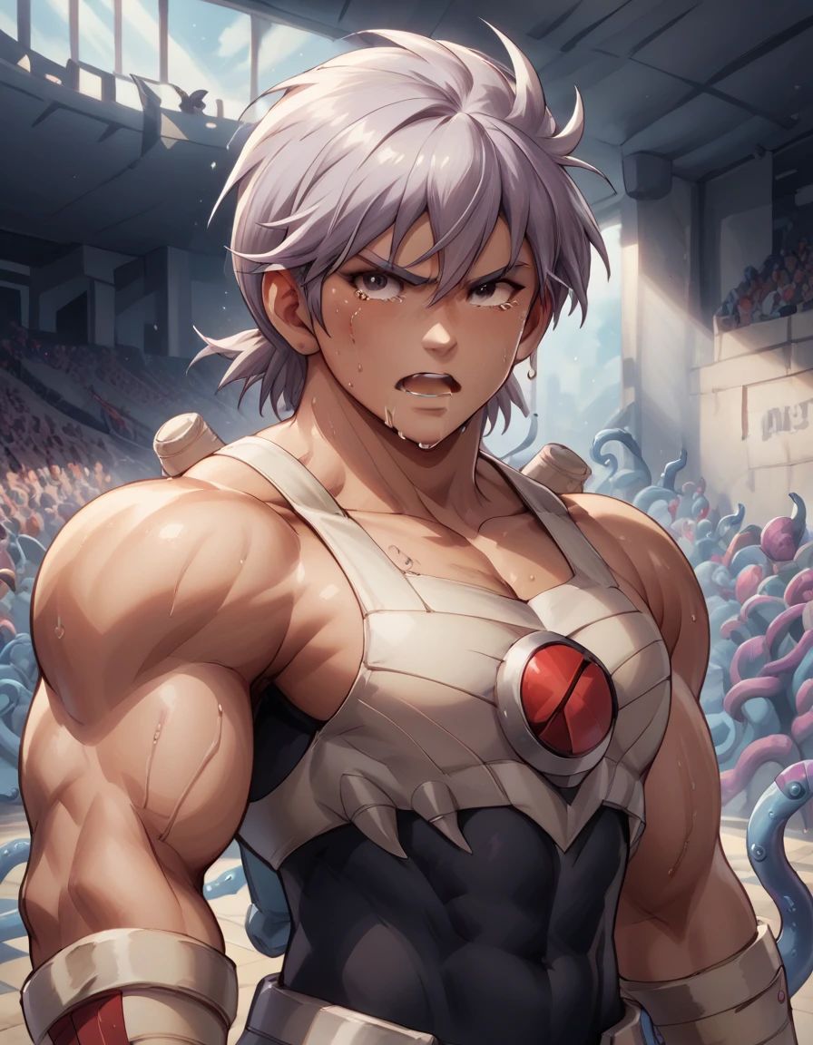 Hyunckel,bandage, Silver Hair, huge muscles,18-year-old boy,((Huge penis)),((羽交い締めにされる, tentacles that are clawed fly into the chest)), Open your arms wide and clench your fists, Open Big Mouth, large number of protruding blood vessels ,((Gives off an evil aura)), painful expression,megaman suit,,Lots of sweat, tears, and drooling, in the middle of the Colosseum , tight muscles, rape,Demon Body,The devil takes over,score_9,score_8_up,score_7_up,source_anime,HD,Hyunckel,lavender hair, black eyes, looking at viewer, light rays, upper body,posing, bandages, bandages covered body,nsfw,Orgy