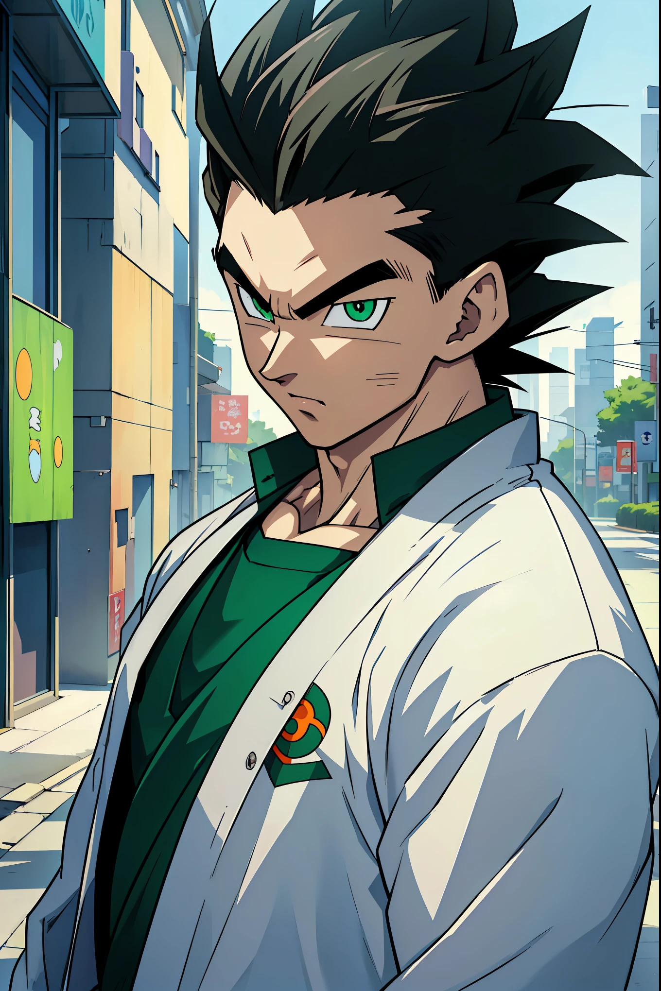 ((arte estilo anime)), , He is a 16 old teenager, very white skin, He has slightly disheveled black hair ,  light green eyes, , muscular body , anime art style Dragon Ball , sexy face, He is dressed in the anime male clothes ,  , 8k, high quality, masterpiece, in the middle of the city , shining green eyes 