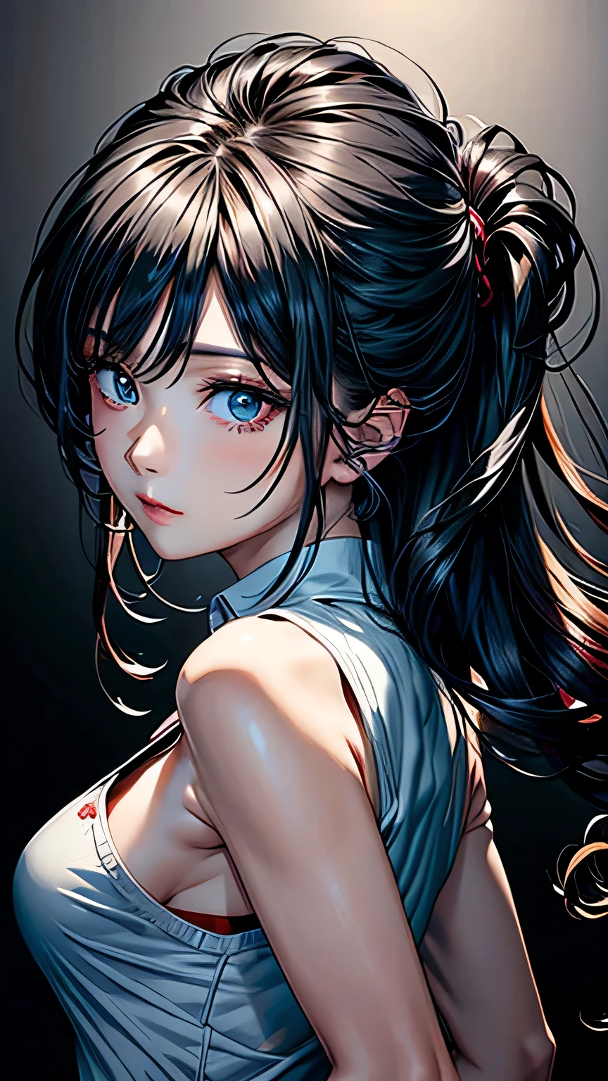 ((girl)) ((hair color black white streaks)) various sizes bright red hearts around, cute heart, glitter powder, picture perfect, space background