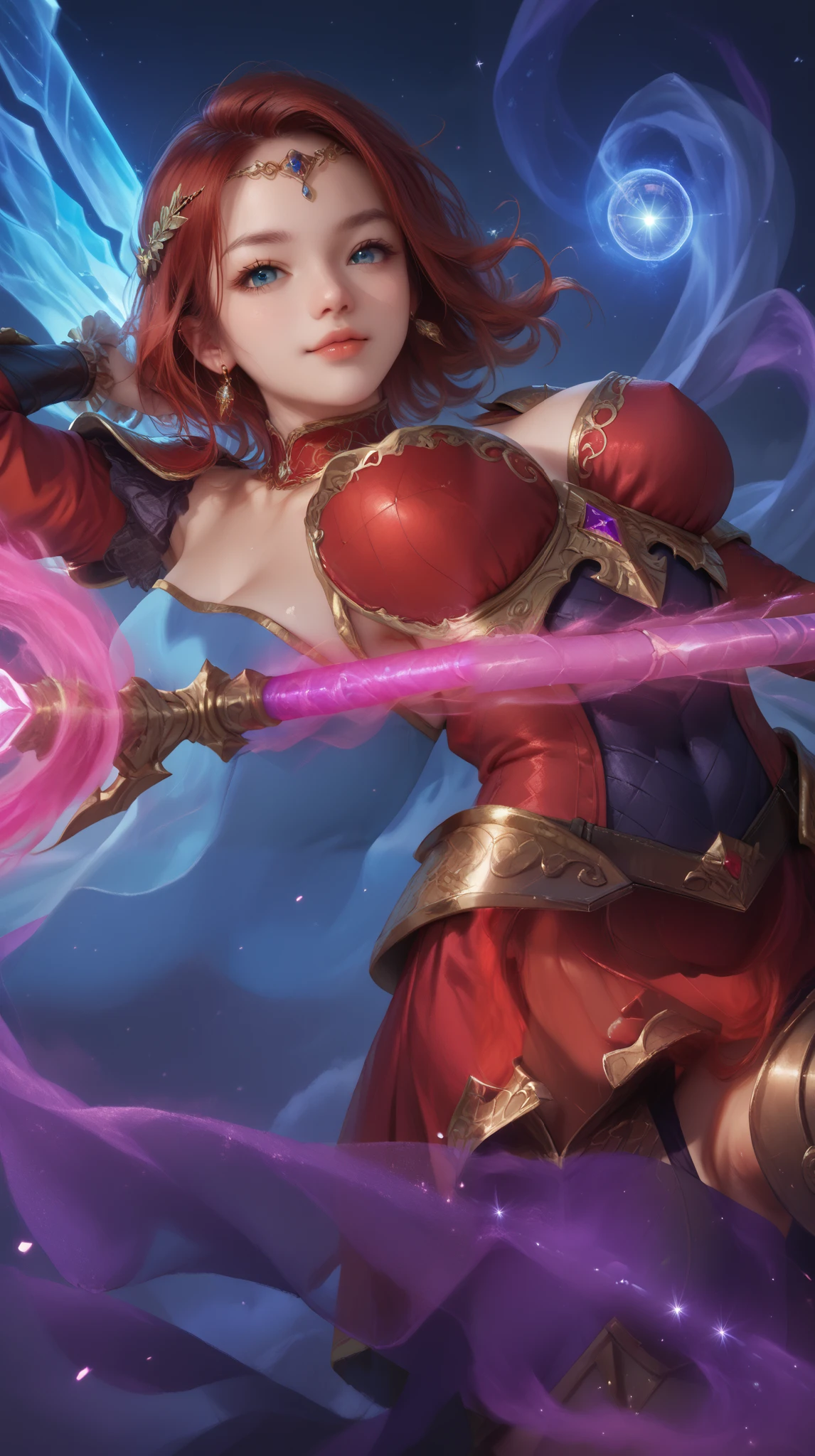 Create a hyper-realistic digital artwork of a powerful female warrior in a fantasy world. She has short, detailed armpits, armpits, arm up, stylish white and red hair, and wears an intricately designed red and black armor with metallic accents. Her expression is fierce yet elegant, with piercing eyes that convey strength. The background is a mystical, cosmic realm filled with swirling blue and purple energies. She holds a magical staff radiating a blue light in one hand, with flowing pink energy swirling around her. The lighting should highlight the details of her armor and give her a heroic, intense look.
