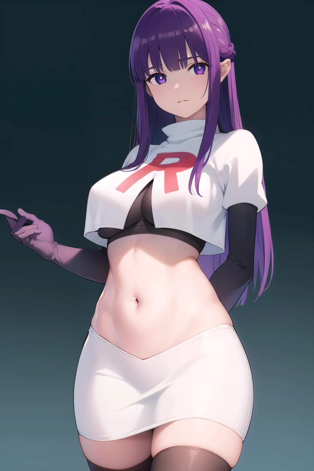 fern, fern, large breasts, long hair, bangs, (purple eyes:1.1), purple hair, sidelocks, blunt bangs, (bright pupils:1.5),
BREAK team rocket,team rocket uniform,white skirt,red letter R,crop top,black thigh-highs,black elbow gloves,
BREAK looking at viewer, cowboy shot,
BREAK (masterpiece:1.2), best quality, high resolution, unity 8k wallpaper, (illustration:0.8), (beautiful detailed eyes:1.6), extremely detailed face, perfect lighting, extremely detailed CG, (perfect hands, perfect anatomy),