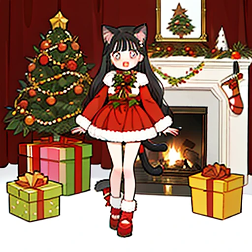 1 Girl, Bangs, Blue Hair, bow, Box, bracelet, Christmas, Christmas tree, Cowboy shooting, skirt, earrings, Fishing Net, flower, Gift, Gift Box, Hair accessories, Hamel, Jewelry, Looking at the audience, Colorful hair, necklace, Pantyhose, Open your mouth, Purple Eyes, red skirt, Ribbon, Rose, short hair, Smile, Solitary, High Leg Raise