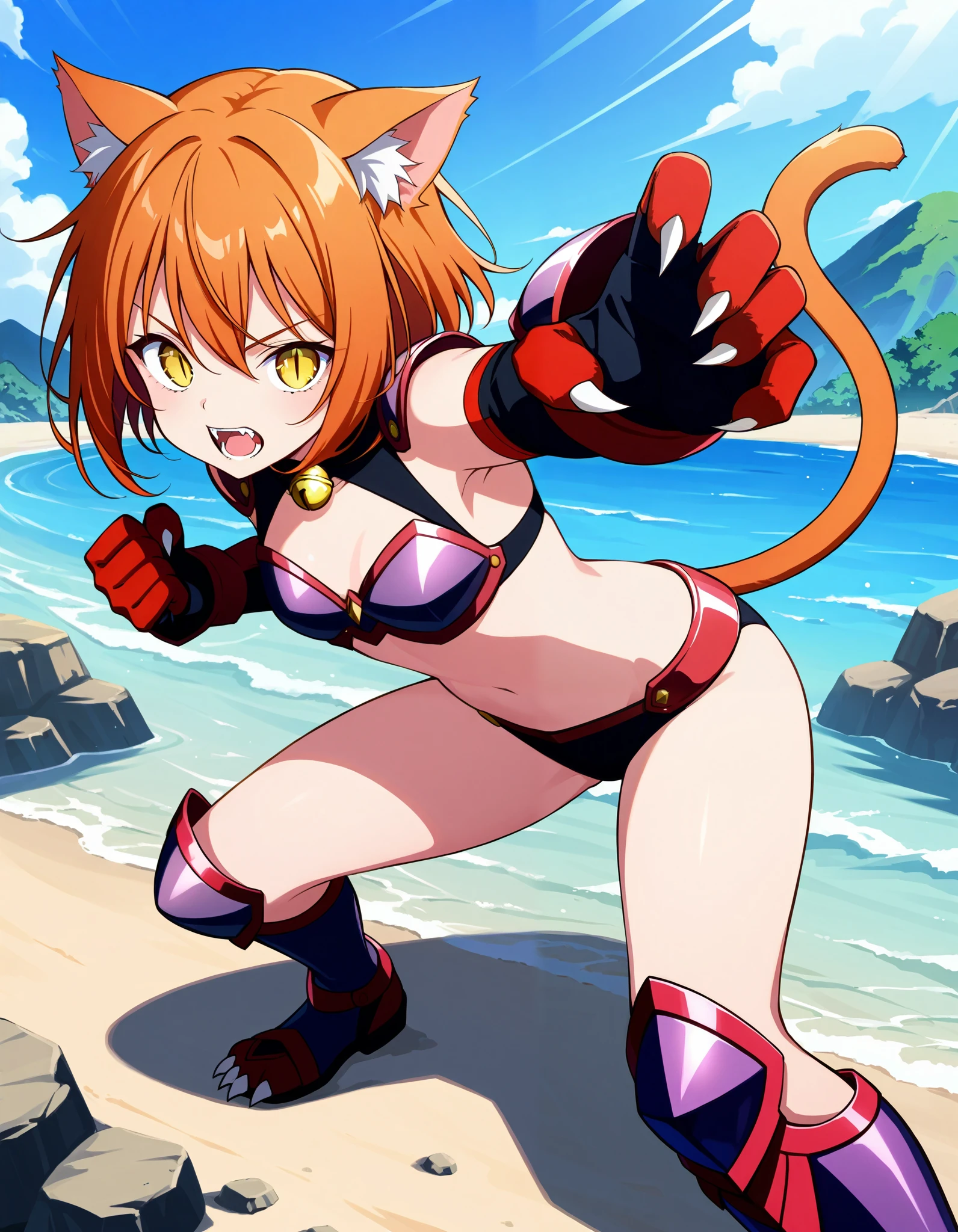 score_9, score_8_up, score_7_up, source_anime, 1girl, cat girl, cat ears, perfect hands, orange hair, yellow eyes, slit pupils, short hair, dynamic pose, fighting stance, bikini armor, claws, fangs, tail, outdoors, standing