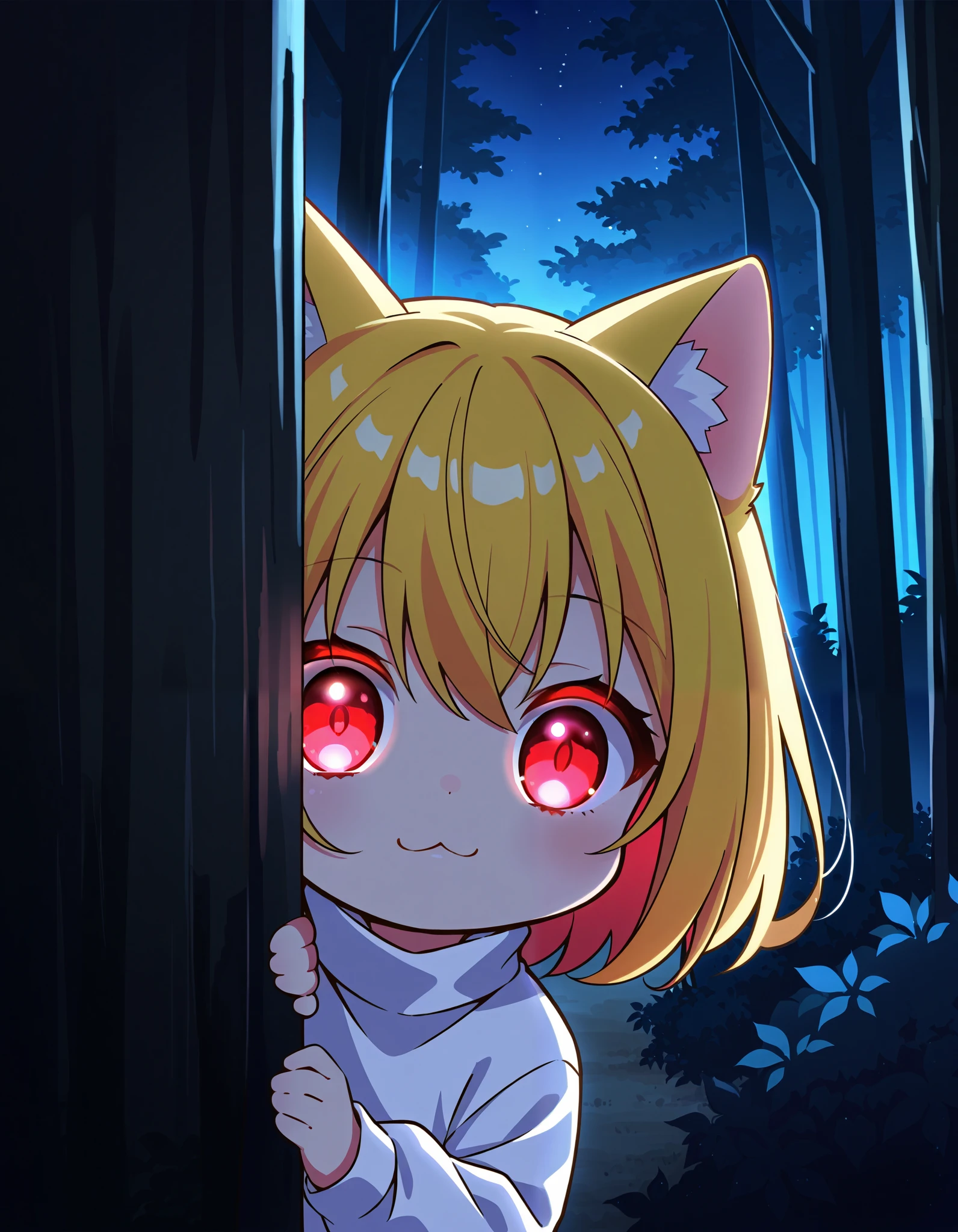 score_9, score_8_up, score_7_up, solo, peeking out, upper body, hiding behind tree, night, horror \(theme\), forest, necoarc, glowing eyes, cat ears, blonde hair, red eyes, chibi, :3, white shirt, turtleneck, looking at viewer