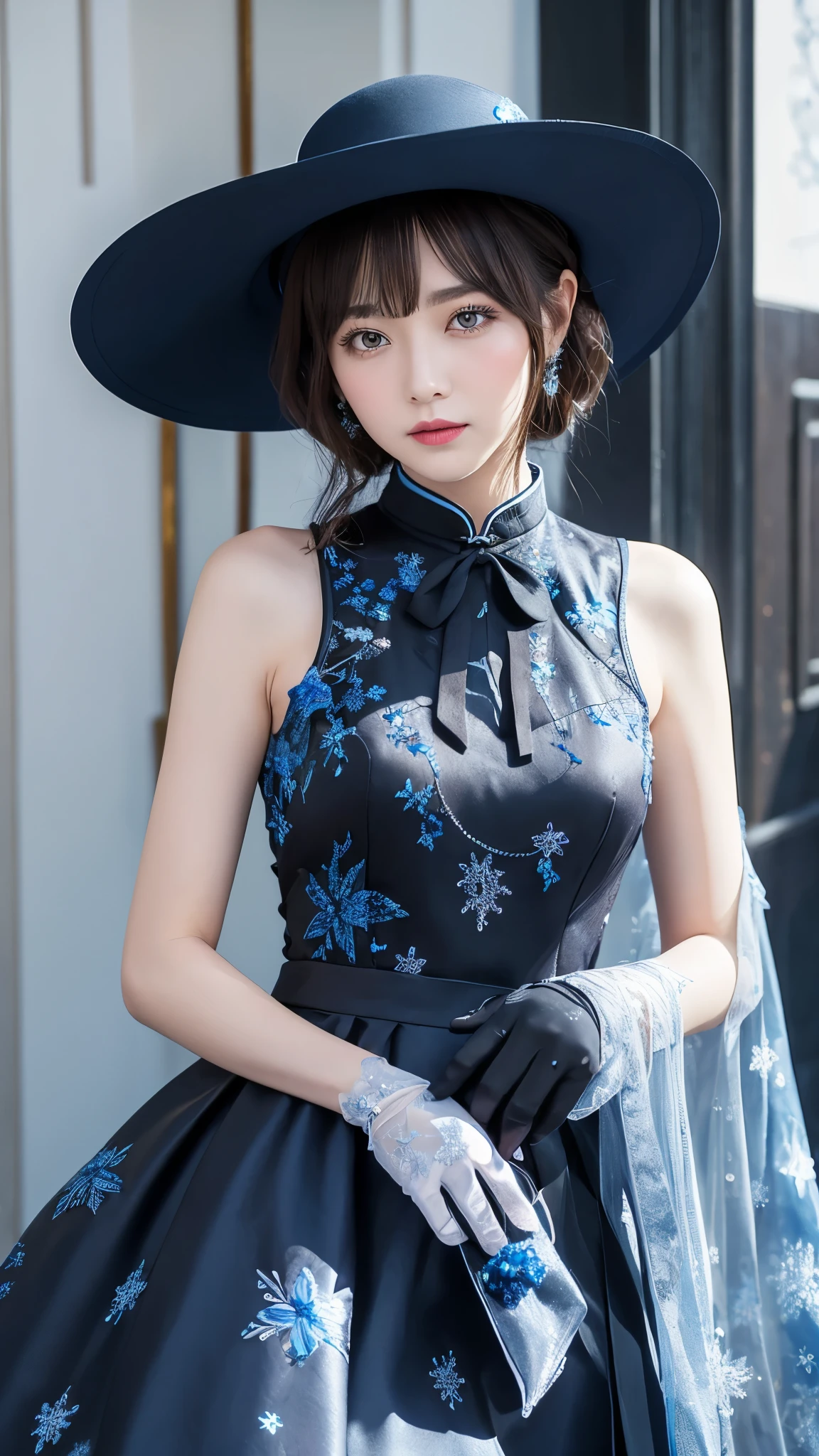     alone ，   brown hair     ,    pale   ,  Butterfly,   with sapphire eyes    ,  Butterfly装饰 Woman， black gloves ， is decorated with dark blue snowflakes and breadth    {Ten个}   装饰 Woman，Snowflake decoration，Ice impact ， The top is decorated with dark blue flowers and width  {Ten}  Wearing a blue dress， with black decorations on it   ,    A woman wearing a low cut    , Blue Ribbon,    Woman，， The top is decorated with dark blue flowers and width    , cheongsam，Wide-brimmed hat  ，Butterfly冲击