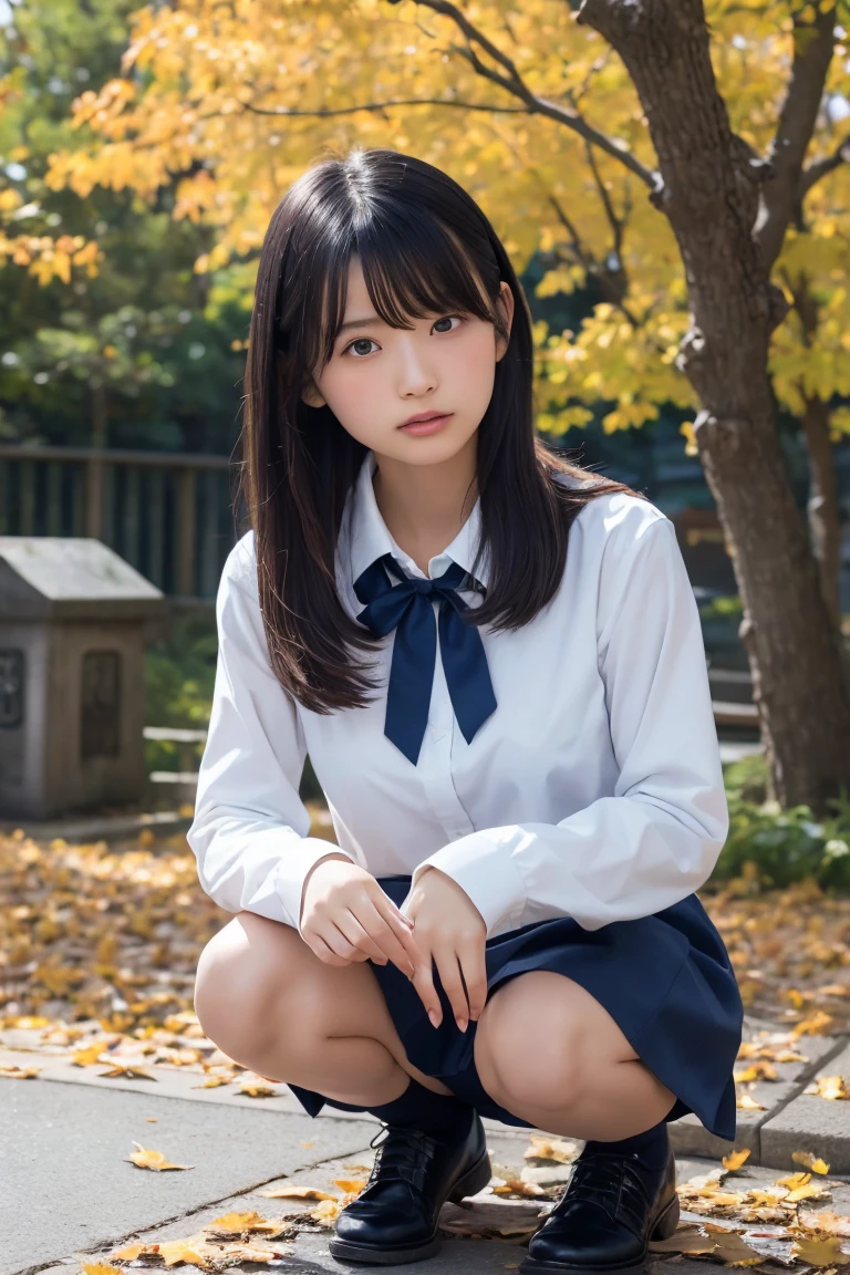  best quality, ultra high resolution,Japan,High school girl,1 Human, black hair, cool look without makeup, beautiful skin ,autumn,Long sleeve white blouse, ribbon, small breasts, navy skirt that puts your butt on the ground,squat