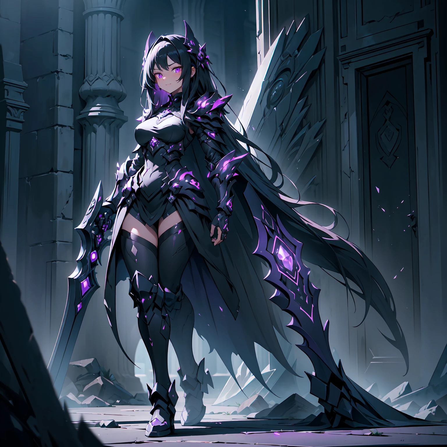 {{masterpiece, best quality, extremely detailed CG, unity 8k wallpaper,anatomically correct,ultra resolution}},Award-winning photography,(best illumination,Very Delicate and Beautiful),{one girl,solo,dragon girl},full body view,knight,(black long hair:1.5),purple eyes,(extremely beautiful and detailed face:1.2), (extremely beautiful and detailed eyes:1.2),perfect hands,delicate legs,((black dragon horns,dragon wings,one dragon tail:1.2)),(epic),pointy ears,purple earrings,purple jewelry,skinny,((full body Plate Armor:1.2,breastplate,greaves,armored boots,armored gloves)),looking at viewer,dark persona,evil,(cute:1.5),((night, dark atmosphere, dark theme, scary atmosphere, darkness:1.5)),dramatic shadows,(dimly lit:1.5),(purple Luminescent Particles:1.4),depth of field,(outdoor:1.5,haunted Gothic castle:1.2),{perfect human body structure with maximum precision}