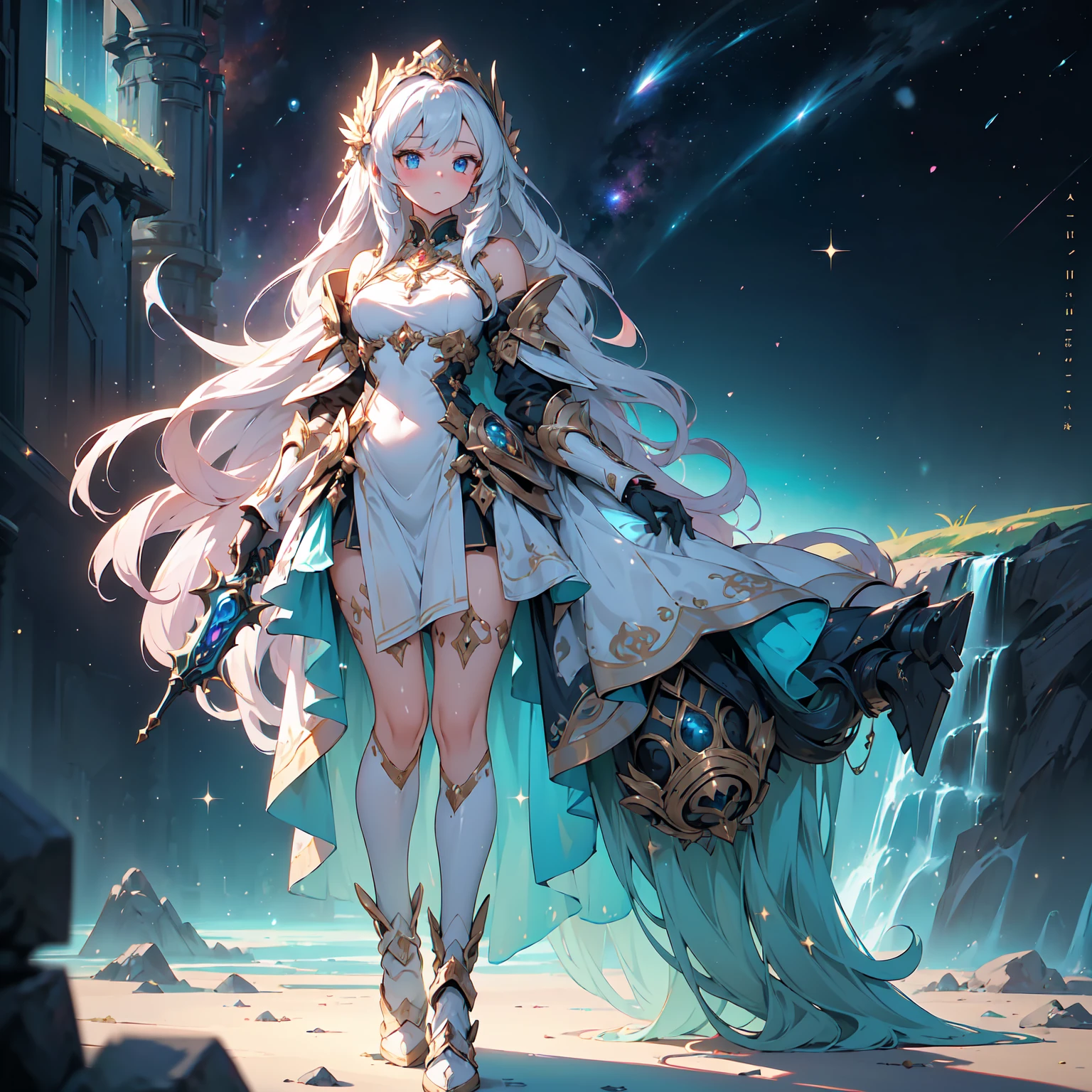 goddess in the sky, divine light, fantasy, standing, adult, Mysterious, space