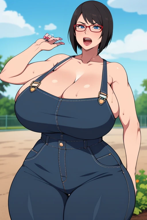 Shizune, 1girl, ((bimbo))), short black hair, glasses, painted lips, wide hips, thick thighs, huge ass, bimbo face , enormous huge natural breasts,  dungarees, cleavage hanging breasts, ahegao face, hot, sweating, horny, planting, plantation