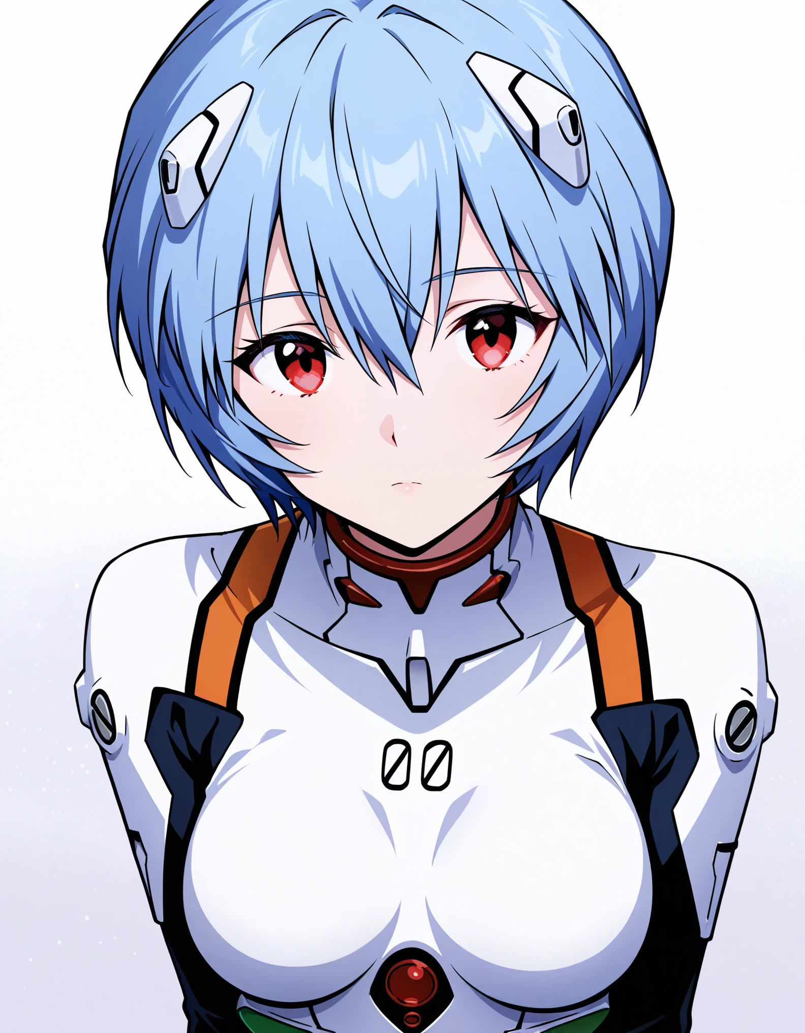 score_9, score_8_up, score_7_up, score_6_up, score_ANIME, looking at viewer, 1girl, ayanami rei \( neon genesis evangelion\), expressionless, red eyes, (number 00 on chest), medium breasts, close up, white bodysuit,