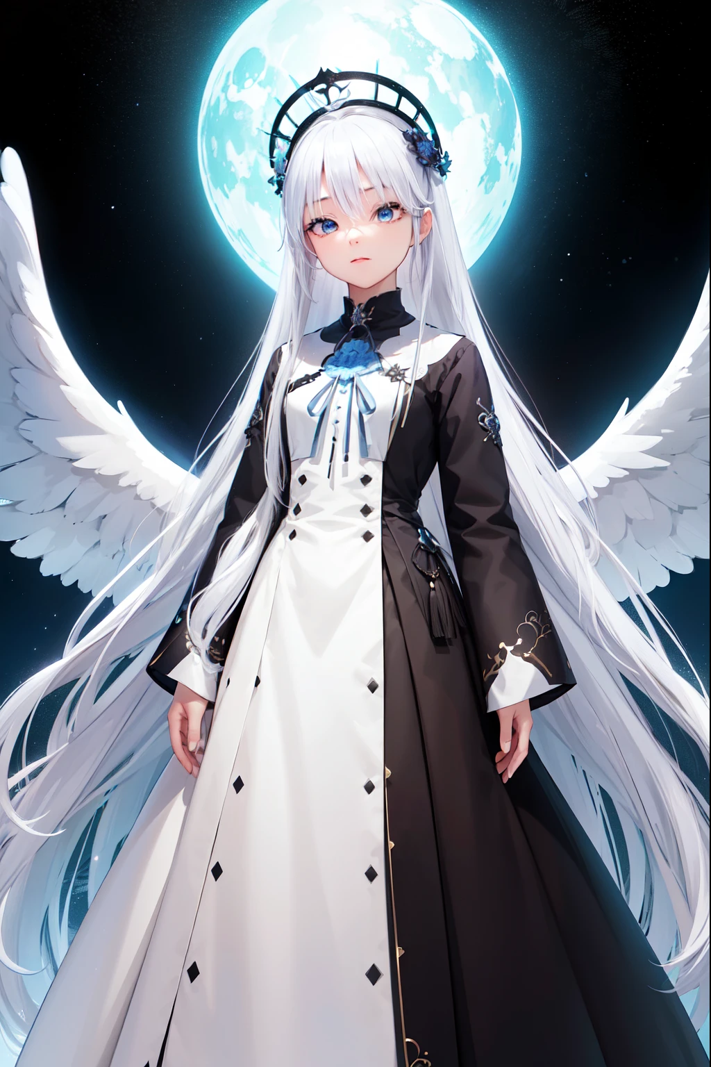  A beautiful young girl with white hair and angelic wings ,  highly detailed anime style illustration , 1girl, Detailed facial features, long eyelashes, Flower Crown , elegant pose, cinematic lighting, vibrant colors, Digital Painting, masterpiece, photorealistic, 8K,  best quality  (masterpiece、 top quality、8K、 High resolution)、a female、( beautiful face、 beautiful face)、  beautiful eyes of god  、 beautiful lips、 Beautiful nose、 platinum blonde hair 、(The best anime girl)、Sandy beach with forest view 、 A bright night with visible stars .、体 full bodyから神秘的な光の粒子、Mysterious light around the head、jewelry、collar、dress、( full body)、 Highly detailed anime art 、A complete representation、Chica anime, White hair with gray gradient,  longer front locks than the back ones ,  short layers on the back ,  bangs covering her forehead, White and smooth skin,  His small but well-shaped body highlights his thighs and breasts,  eyes of different colors ,  The one on the left is blue with a light blue gradient .,  The right one is red with a black gradient .,  He wears a long white haori with long sleeves , Black skirt uniform  , white boots .  