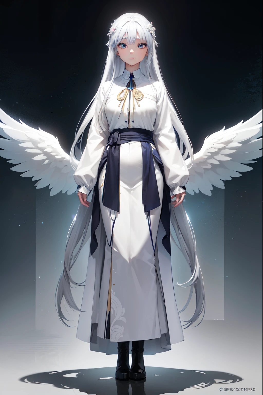  A beautiful young girl with white hair and angelic wings ,  highly detailed anime style illustration , 1girl, Detailed facial features, long eyelashes, Flower Crown , elegant pose, cinematic lighting, vibrant colors, Digital Painting, masterpiece, photorealistic, 8K,  best quality  (masterpiece、 top quality、8K、 High resolution)、a female、( beautiful face、 beautiful face)、  beautiful eyes of god  、 beautiful lips、 Beautiful nose、 platinum blonde hair 、(The best anime girl)、Sandy beach with forest view 、 A bright night with visible stars .、体 full bodyから神秘的な光の粒子、Mysterious light around the head、jewelry、collar、dress、( full body)、 Highly detailed anime art 、A complete representation、Chica anime, White hair with gray gradient,  longer front locks than the back ones ,  short layers on the back ,  bangs covering her forehead, White and smooth skin,  His small but well-shaped body highlights his thighs and breasts,  eyes of different colors ,  The one on the left is blue with a light blue gradient .,  The right one is red with a black gradient .,  He wears a long white haori with long sleeves , Black skirt uniform  , white boots .  