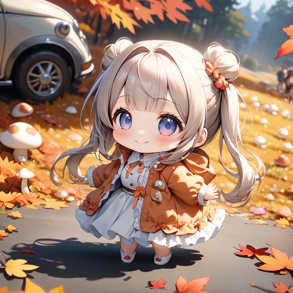 (masterpiece, ultra-detailed, best quality, clear focus, dramatic scene, cinematic), shadow, (ultra-high resolution, 8k), perfect anatomy, perfect face, (detailed face, detailed eye), cute Japanese chibi girl, (chibi:1.2), famous Japanese idol, very beautiful and cute and cool face, (wearing a cute outdoor wear:1.3), (large breasts), slim waist, happy smile, she looks so fun, (She is in front of the cute car that made from mushrooms in the autumn leaves:1.3), some large mushrooms are on the ground, detailed cat is walking around her