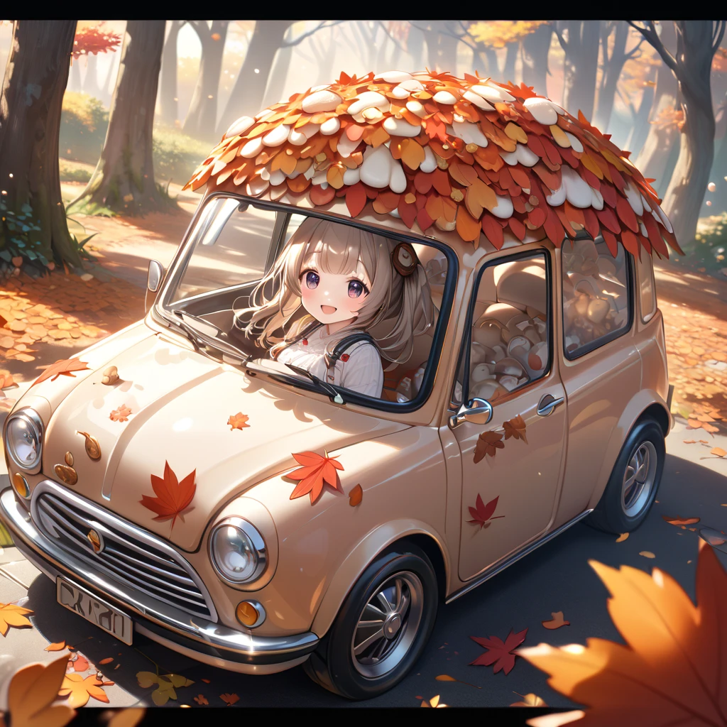 (masterpiece, ultra-detailed, best quality, clear focus, dramatic scene, cinematic), shadow, (ultra-high resolution, 8k), perfect anatomy, perfect face, (detailed face, detailed eye), cute Japanese chibi girl, (chibi:1.2), famous Japanese idol, very beautiful and cute and cool face, (wearing a cute outdoor wear:1.3), (large breasts), slim waist, happy smile, she looks so fun, (She is in front of the cute car that made from mushrooms in the autumn leaves:1.3), some large mushrooms are on the ground, detailed cat is walking around her