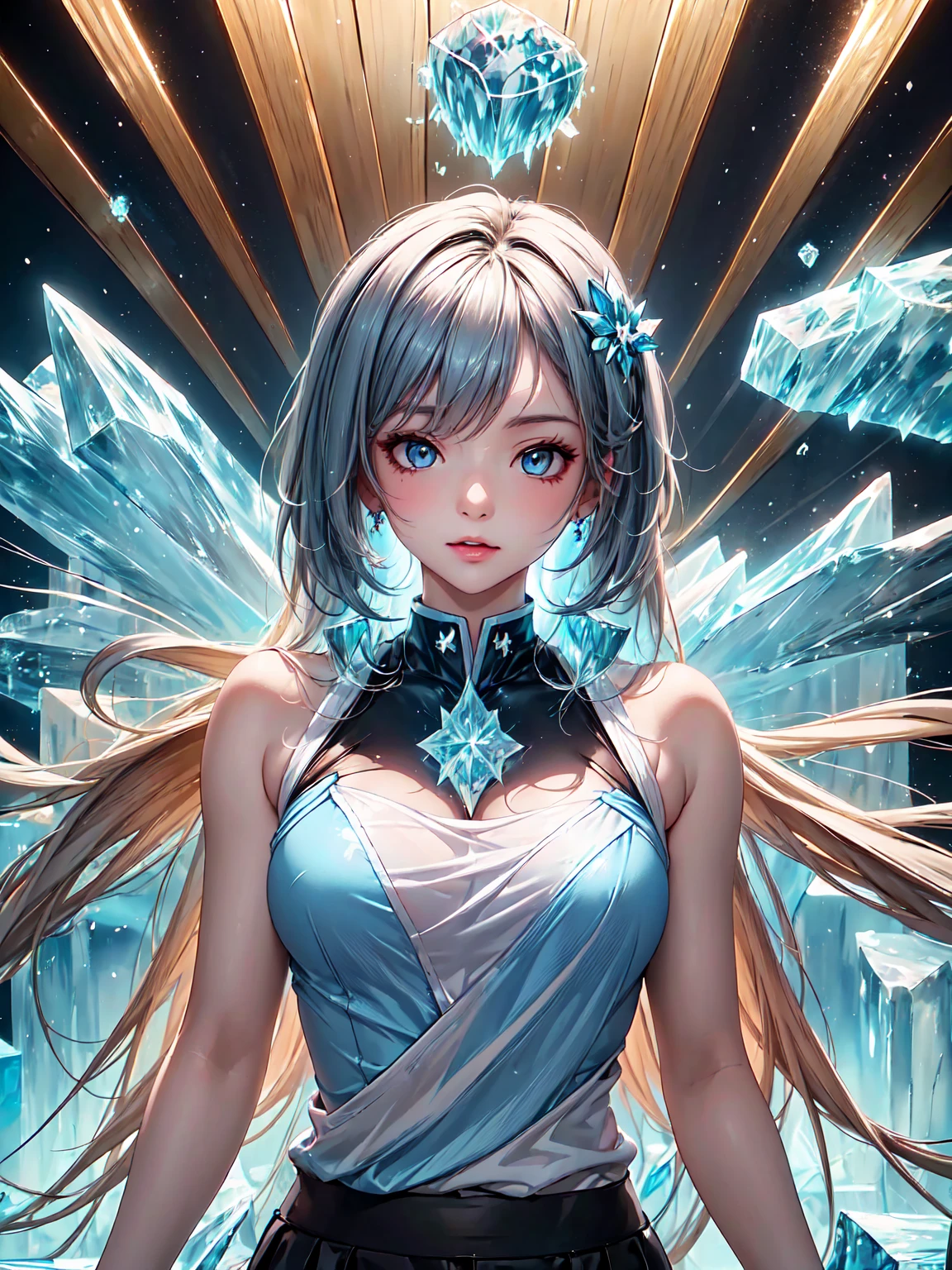 (blue ice background : 1.5)、side body, upper body, (Various poses : 1.5), a high school girl standing in front of a fractal art background with colorful clouds, wearing color contact lenses, extremely detailed, best quality, masterpiece, official art, beautiful and artistic