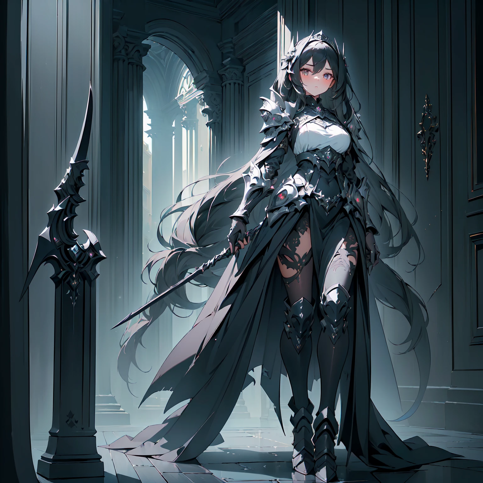 ((one-eyed blindfold)), holy paladin, scythe, dark Heavy armor, absurdres, RAW photo, extremely delicate and beautiful, masterpiece, Best Quality, ultra high resolution, 32k, hyperrealistic, ultra-detailed, detailed description, pale skin, 20 years old, tearful mole, earring, Colossal tits, short medium hair, wavy hair, evil grin, full body shot,