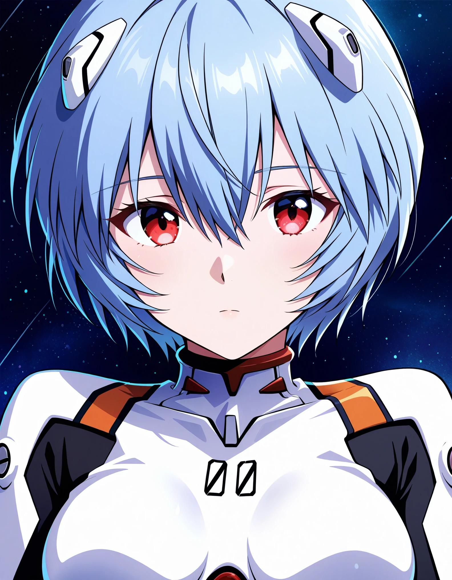 score_9, score_8_up, score_7_up, score_6_up, score_ANIME, looking at viewer, 1girl, ayanami rei \( neon genesis evangelion\), expressionless, red eyes, (number 00 on chest), medium breasts, close up, white bodysuit,