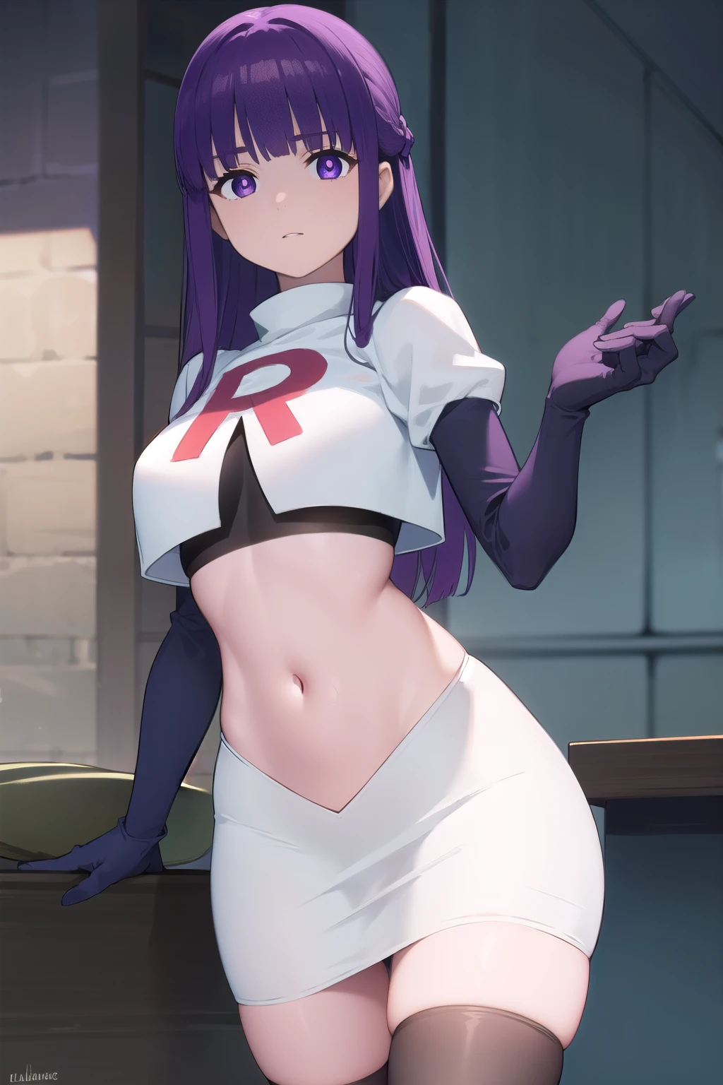 keqing, keqing, long hair, bangs, hair ornament, twintails, (purple eyes:1.1), purple hair, braid, hair bun, double bun, cone hair bun,
BREAK team rocket,team rocket uniform,white skirt,red letter R,crop top,black thigh-highs,black elbow gloves,
BREAK looking at viewer, (cowboy shot:1.5),
BREAK (masterpiece:1.2), best quality, high resolution, unity 8k wallpaper, (illustration:0.8), (beautiful detailed eyes:1.6), extremely detailed face, perfect lighting, extremely detailed CG, (perfect hands, perfect anatomy),