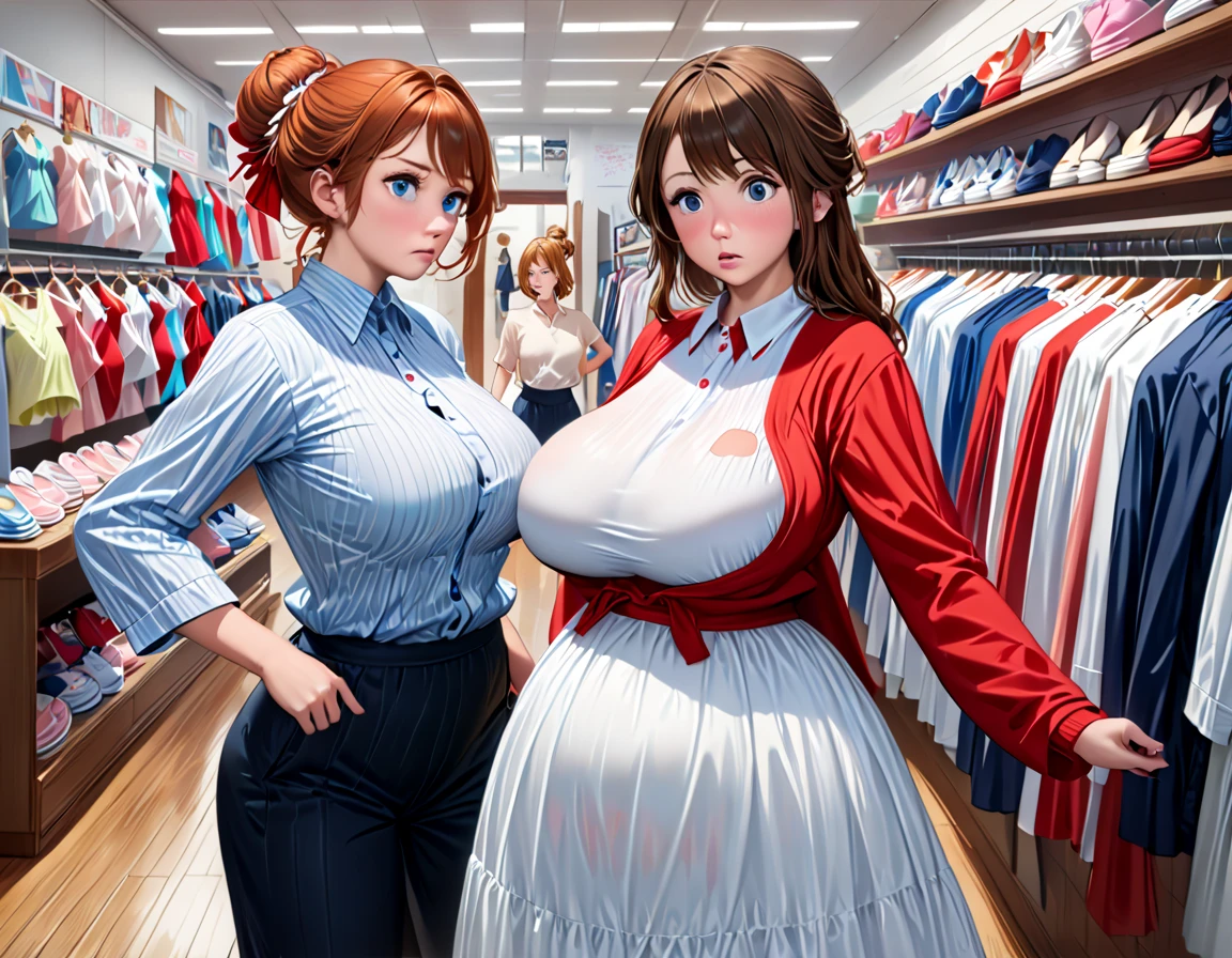 (masterpiece, best quality, highres, detailed, realistic:1.2), (two women, one with small chest:1.5) english woman, teenager, young, beautiful face, detailed face, (huge sagging breasts:0.9), (bursting breasts), (frustrated expression:1.3), (streched clothes:1.3), holding a bra, bra shop, ginger hair, messy hairbun, shocked sales assistant, full body picture, wide fat belly, (sagging breasts:1.2)