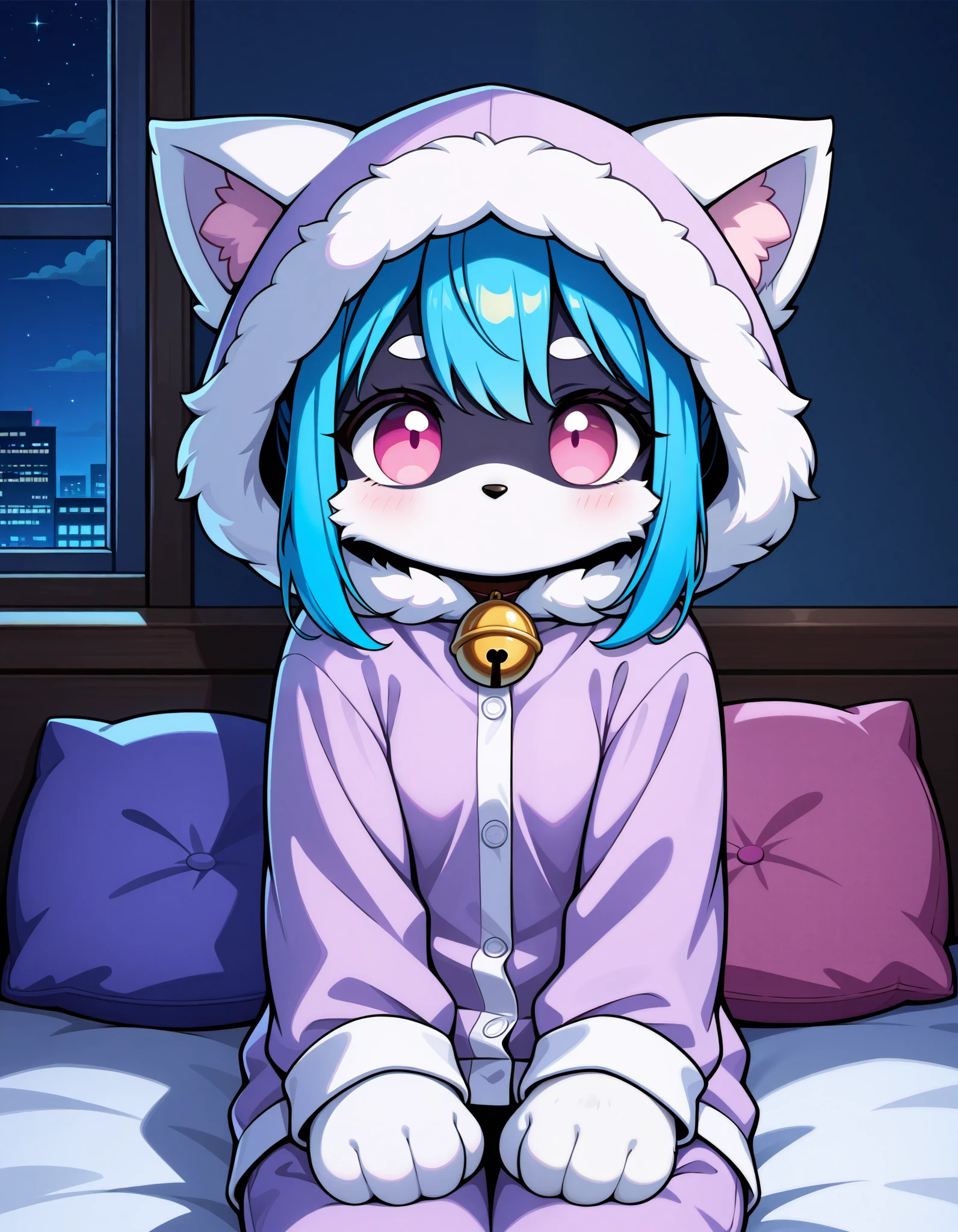 score_9, score_8_up, score_7_up, 1girl, solo, no humans, furry, fluffy fur, Wlkindredxl, anthro, white fur, white hands, shadow face, pink eyes, no pupils no mouth, animal hood, sidelocks, blue hair, pajamas, purple onesie, fur tuft, long sleeves, neck bell, upper body, cowboy shot, night, bedroom, pillow, sitting, window, hands on legs, close up, shadowperson 