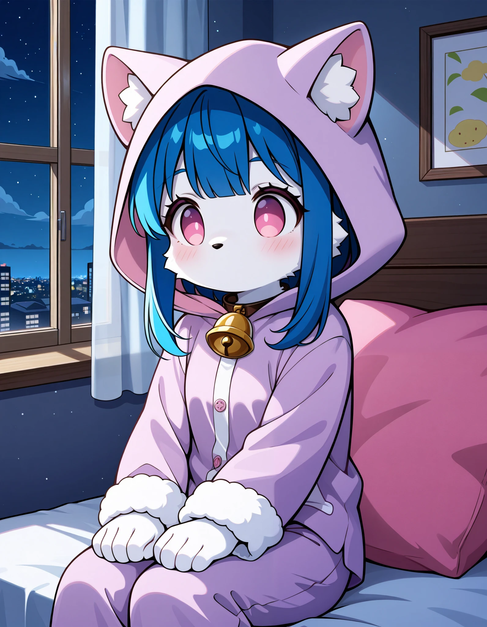 score_9, score_8_up, score_7_up, 1girl, solo, no humans, furry, fluffy fur, Wlkindredxl, anthro, white fur, white hands, shadow face, pink eyes, no pupils no mouth, animal hood, sidelocks, blue hair, pajamas, purple onesie, fur tuft, long sleeves, neck bell, upper body, cowboy shot, night, bedroom, pillow, sitting, window, hands on legs, close up, shadowperson 