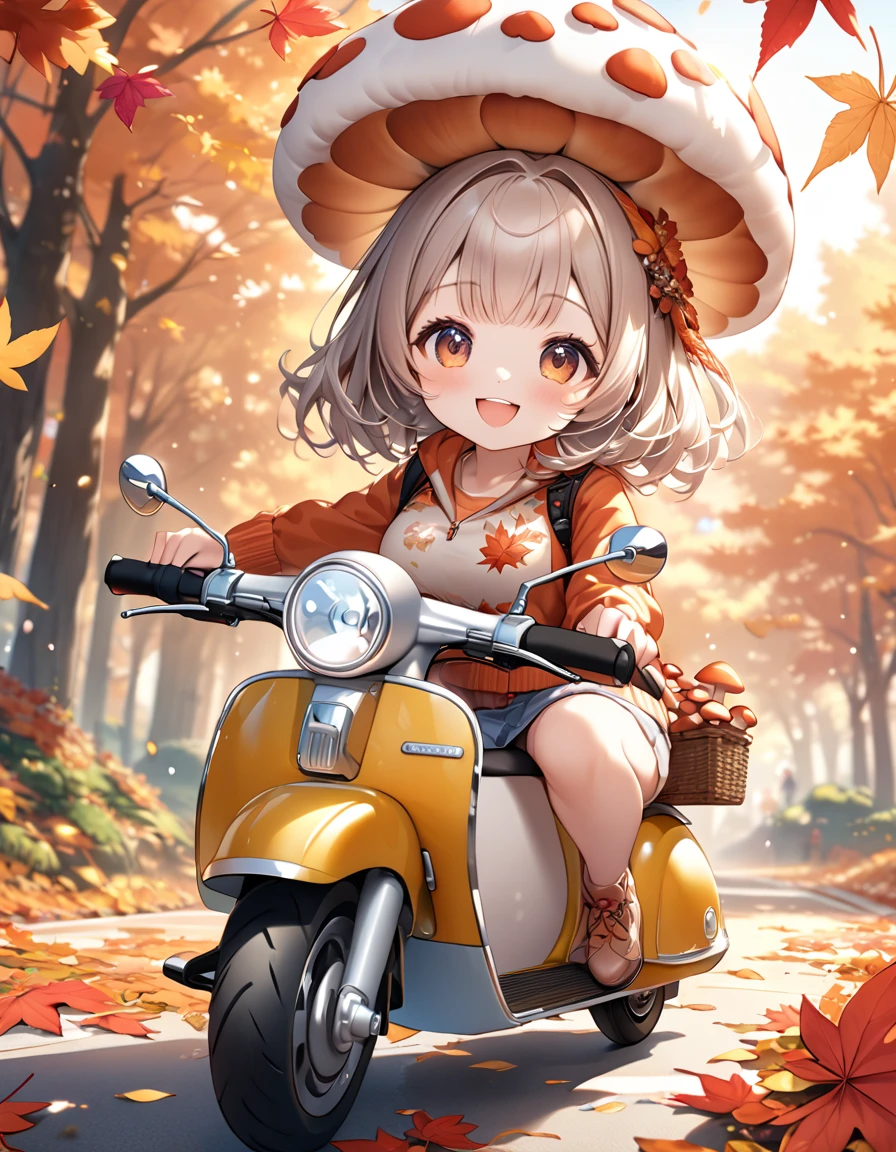 (masterpiece, ultra-detailed, best quality, clear focus, dramatic scene, cinematic), shadow, (ultra-high resolution, 8k), perfect anatomy, perfect face, (detailed face, detailed eye), cute Japanese chibi girl, (chibi:1.2), famous Japanese idol, very beautiful and cute and cool face, (wearing a cute outdoor wear:1.3), (large breasts), slim waist, happy smile, she looks so fun, (She is riding a cute scooter that made from mushrooms in the autumn leaves:1.3), some large mushrooms are on the ground, detailed cute cat is also on the motorcycle with her