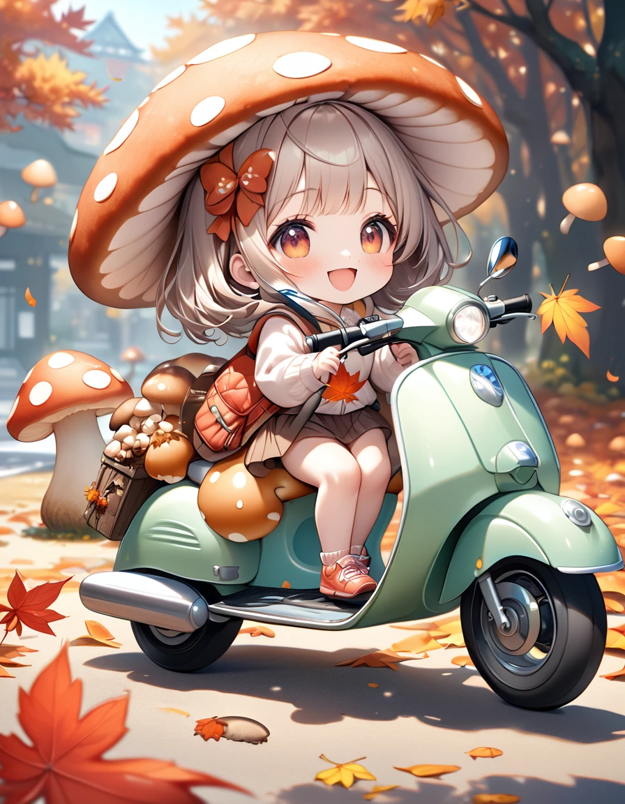 (masterpiece, ultra-detailed, best quality, clear focus, dramatic scene, cinematic), shadow, (ultra-high resolution, 8k), perfect anatomy, perfect face, (detailed face, detailed eye), cute Japanese chibi girl, (chibi:1.2), famous Japanese idol, very beautiful and cute and cool face, (wearing a cute outdoor wear:1.3), (large breasts), slim waist, happy smile, she looks so fun, (She is riding a cute scooter that made from mushrooms in the autumn leaves:1.3), some large mushrooms are on the ground, detailed cute cat is also on the motorcycle with her