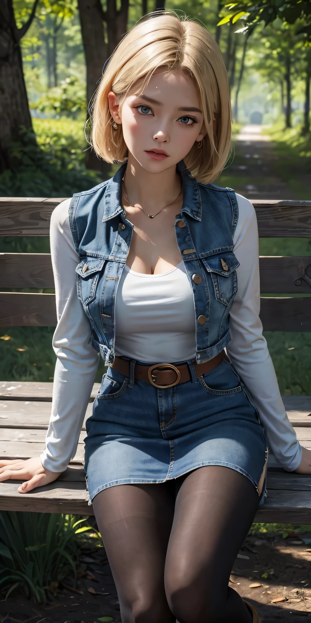 a 20 yo woman, dark theme, soothing tones, muted colors, high contrast, (natural skin texture, hyperrealism, soft light, sharp), Android 18, Light Blonde hair, Medium Bob hair, Blue eyes, Wearing earrings, Tight Long sleeves with black stripes on a white background, Blue denim mini vest, Blue denim mini skirt, The denim skirt's zipper seam line and stitching run vertically straight to the bottom of the skirt, Open-chested denim vest, Black T-shirt with high cleavage, Large breasts, Women's Western Cowboy Belt, Brown see-through pantyhose, Western short boots, Looking at viewer, Her whole body is visible on the screen, Her entire body is visible on the screen, from her head to her boots, On a bench, Slight smiling with closed lips standing next to bench , Blue sky, , outside, park, grass, Summer, trees, blue sky, high quality, masterpiece,